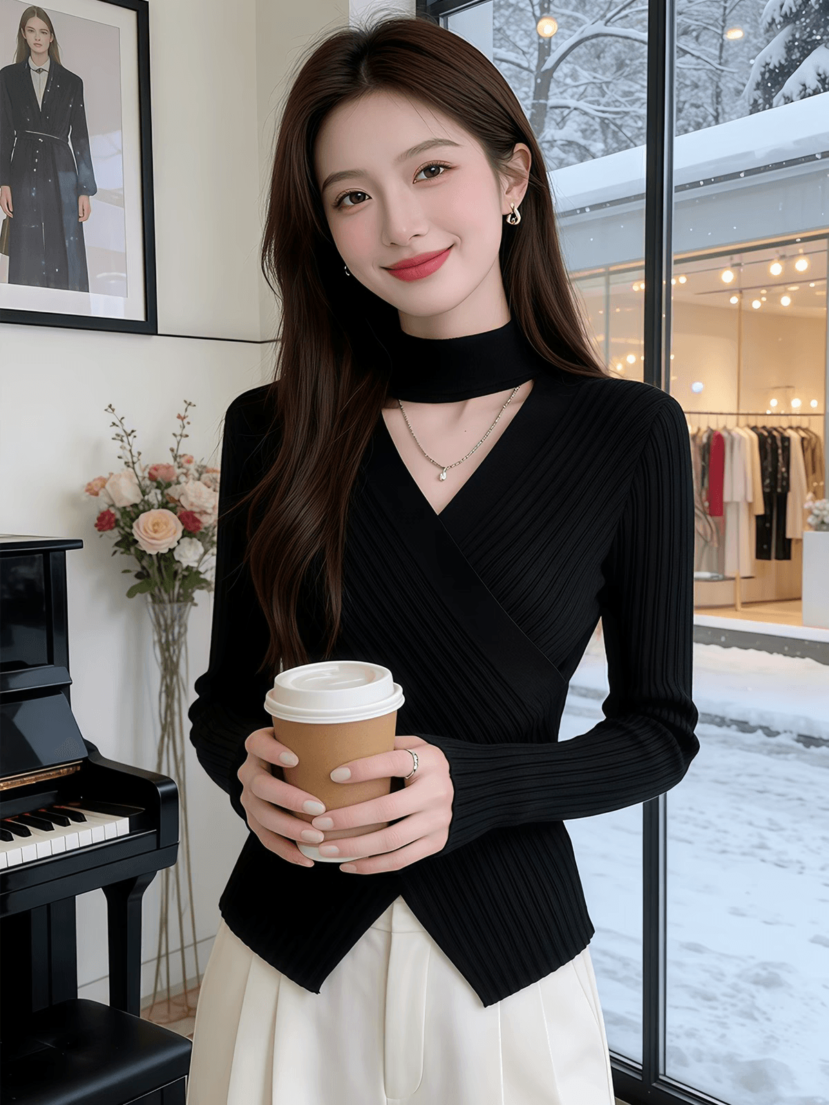 한 부서 V넥 십자가 행침 목 홀로우 아웃 니트 기본 셔츠 2026 봄 새로운 품격 불규칙 인사이드 잡아라. 의류