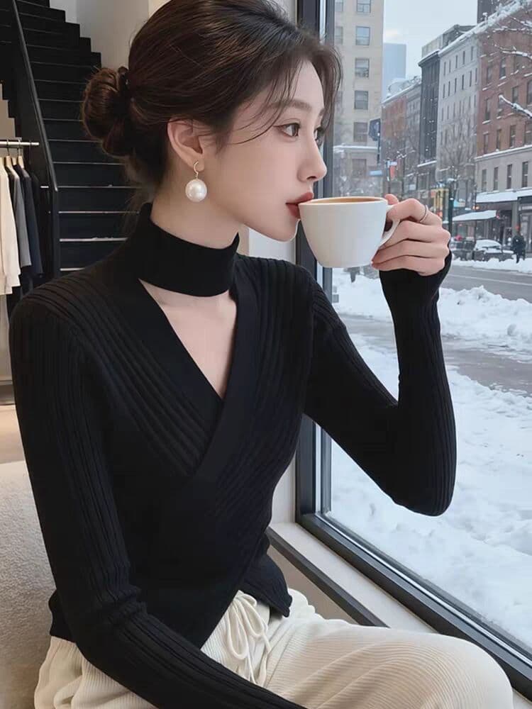 한 부서 V넥 십자가 행침 목 홀로우 아웃 니트 기본 셔츠 2026 봄 새로운 품격 불규칙 인사이드 잡아라. 의류 이미지 2