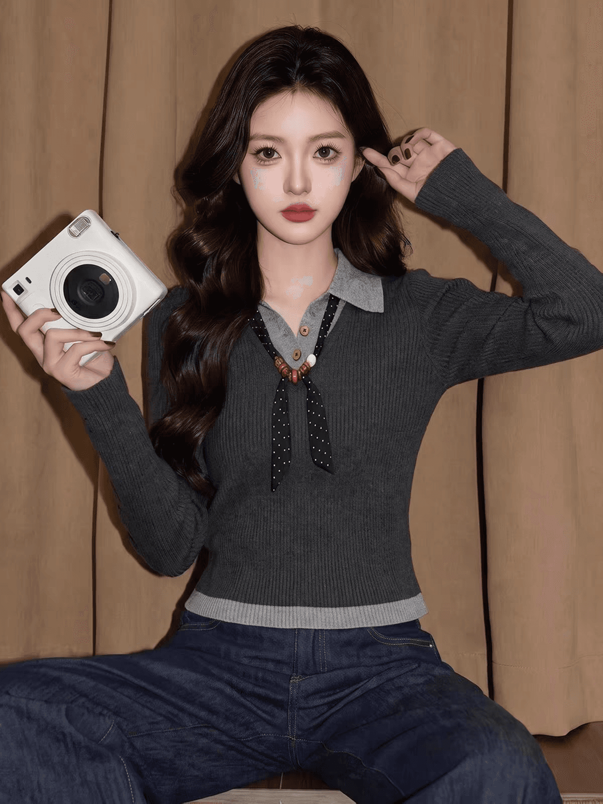 남부 산기슭 안개 연기가 나는 회색 페이크 레이어드 니트 스웨터 여성 가을 몸매 가꾸기 슬림해 보이는 긴팔 만나는 맨위 이미지 4