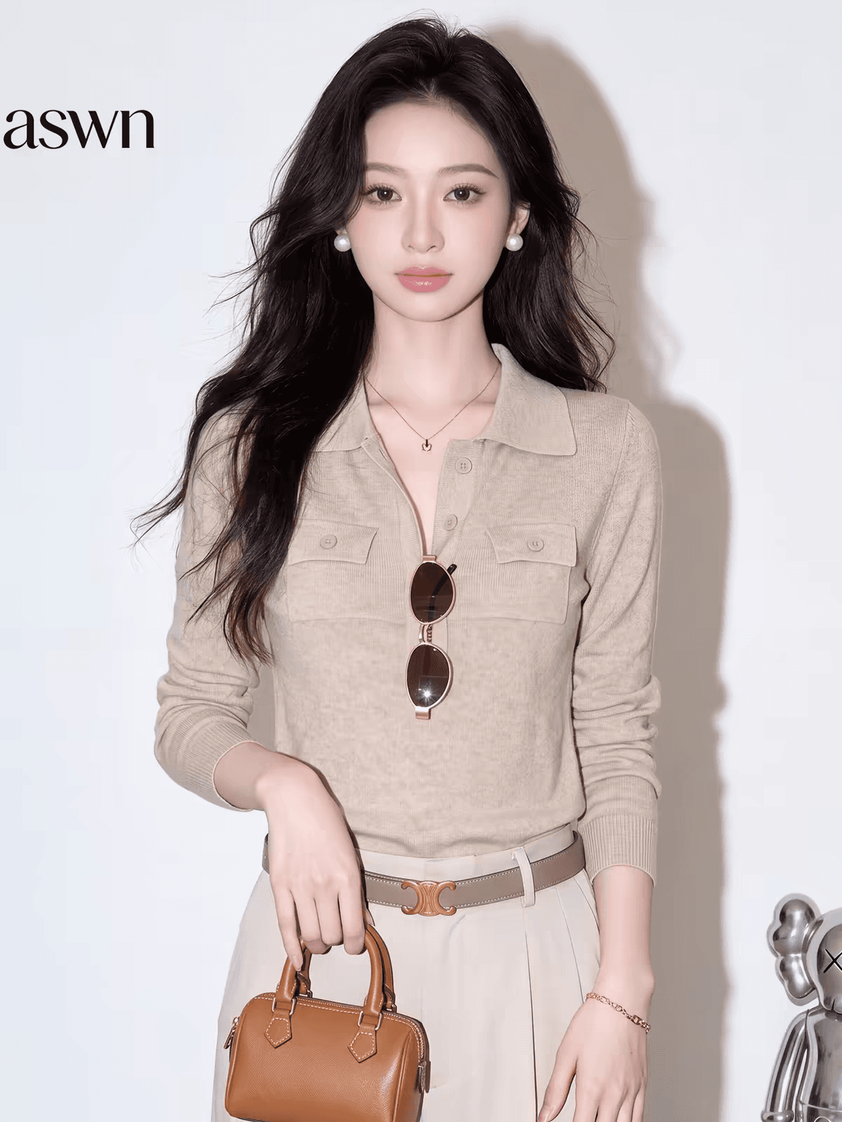 aswn 오트밀 색상 POLO 칼라 니트 스웨터 여성 가을 2026 새로운 더블 주머니 몸매 가꾸기 긴팔 품격 얇은 스타일 맨위 상세 이미지 1