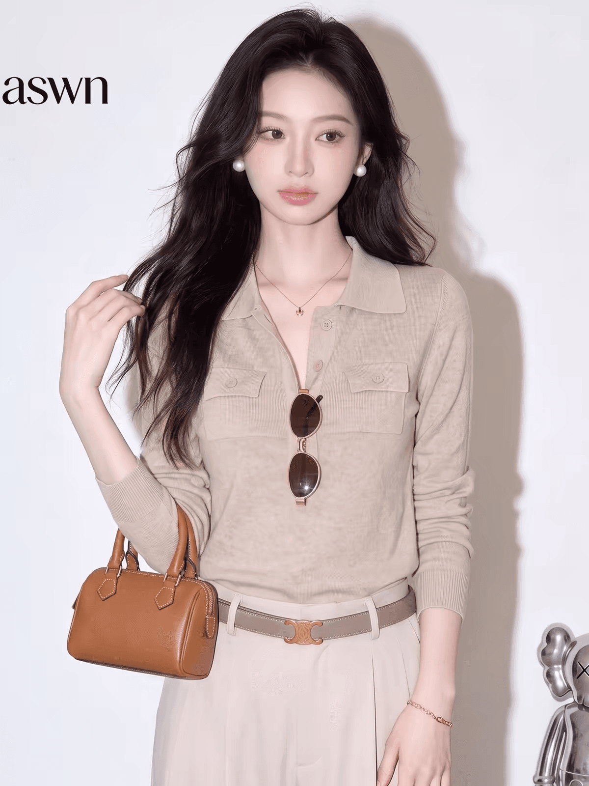 aswn 오트밀 색상 POLO 칼라 니트 스웨터 여성 가을 2026 새로운 더블 주머니 몸매 가꾸기 긴팔 품격 얇은 스타일 맨위 이미지 2