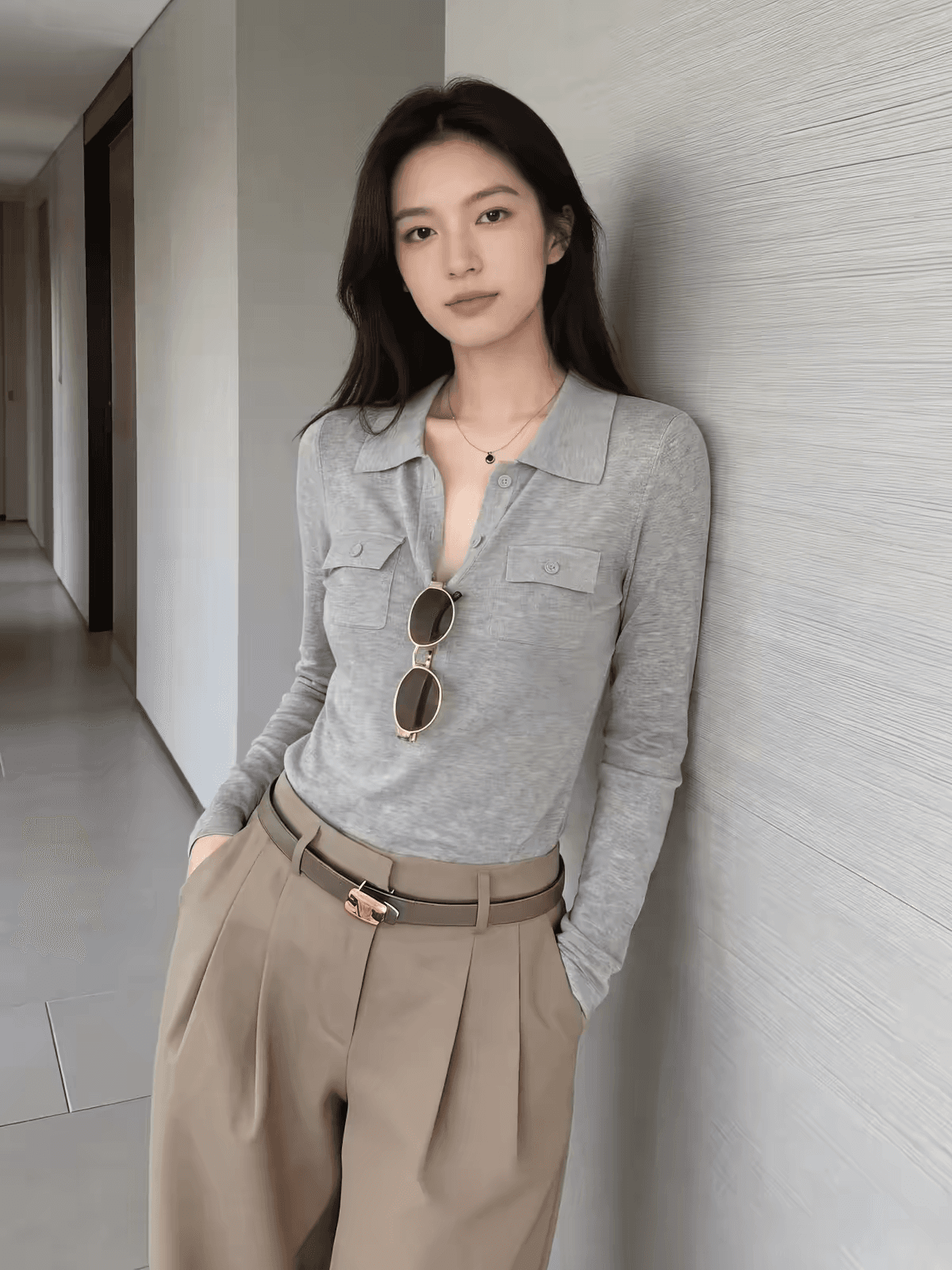 aswn 오트밀 색상 POLO 칼라 니트 스웨터 여성 가을 2026 새로운 더블 주머니 몸매 가꾸기 긴팔 품격 얇은 스타일 맨위 상세 이미지 4