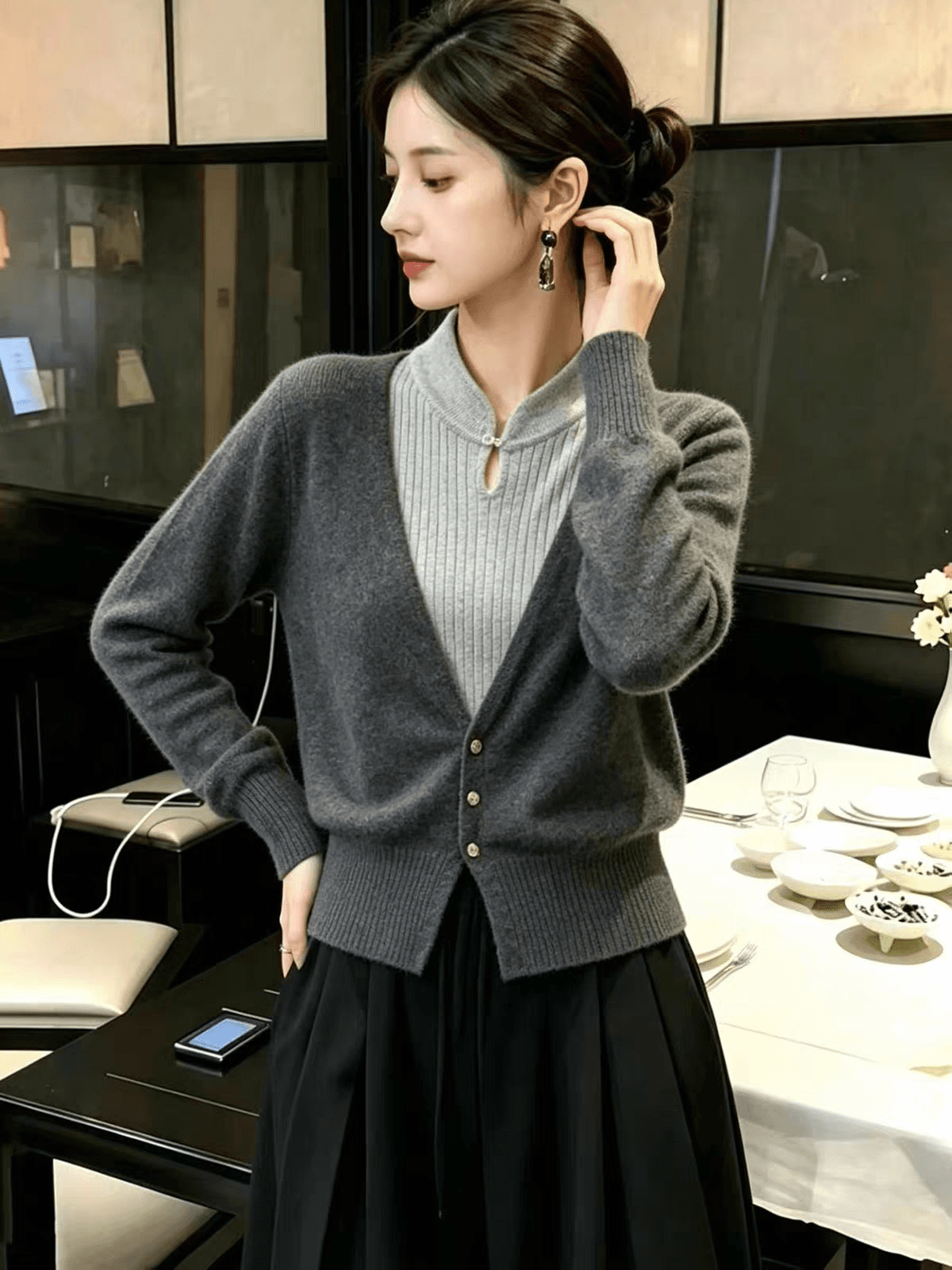 새로운 중식 배색 페이크 레이어드 스탠드 칼라 니트 스웨터 여성 가을 겨울 새로운 고유 한 루즈핏 다용도 쇼트 스타일 스웨터 맨위 이미지 3