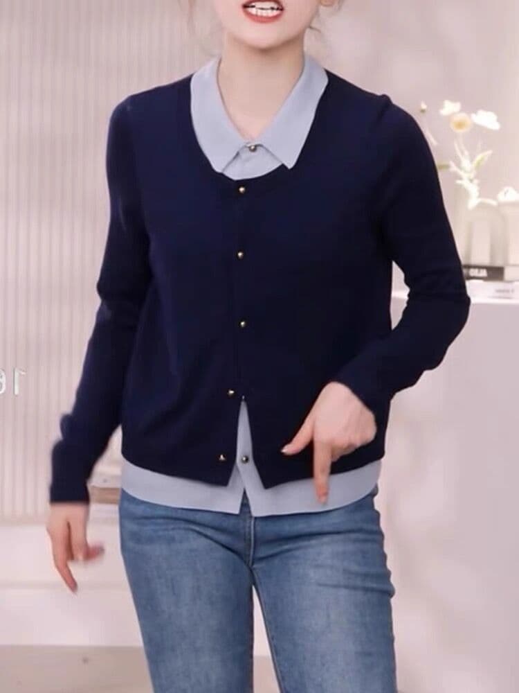 폴로 칼라 페이크 레이어드 배색 니트 스웨터 여성 가을 2026 새로운 스웨터 코트 슬림해 보이는 다용도 긴팔 맨위 상세 이미지 2