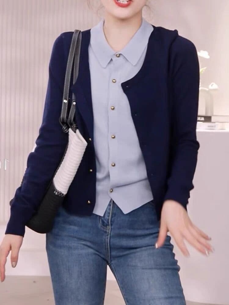 폴로 칼라 페이크 레이어드 배색 니트 스웨터 여성 가을 2026 새로운 스웨터 코트 슬림해 보이는 다용도 긴팔 맨위 상세 이미지 3