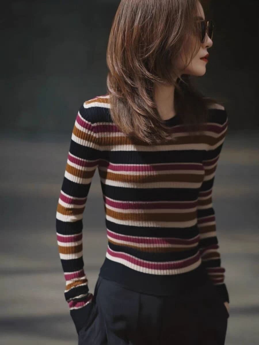 프랑스식 배색 스트라이프 라운드 넥 길다 소매 위버 가을 외국 가스 연령 감소 품격 몸매 가꾸기 슬림해 보이는 기본 셔츠 맨위 상세 이미지 1