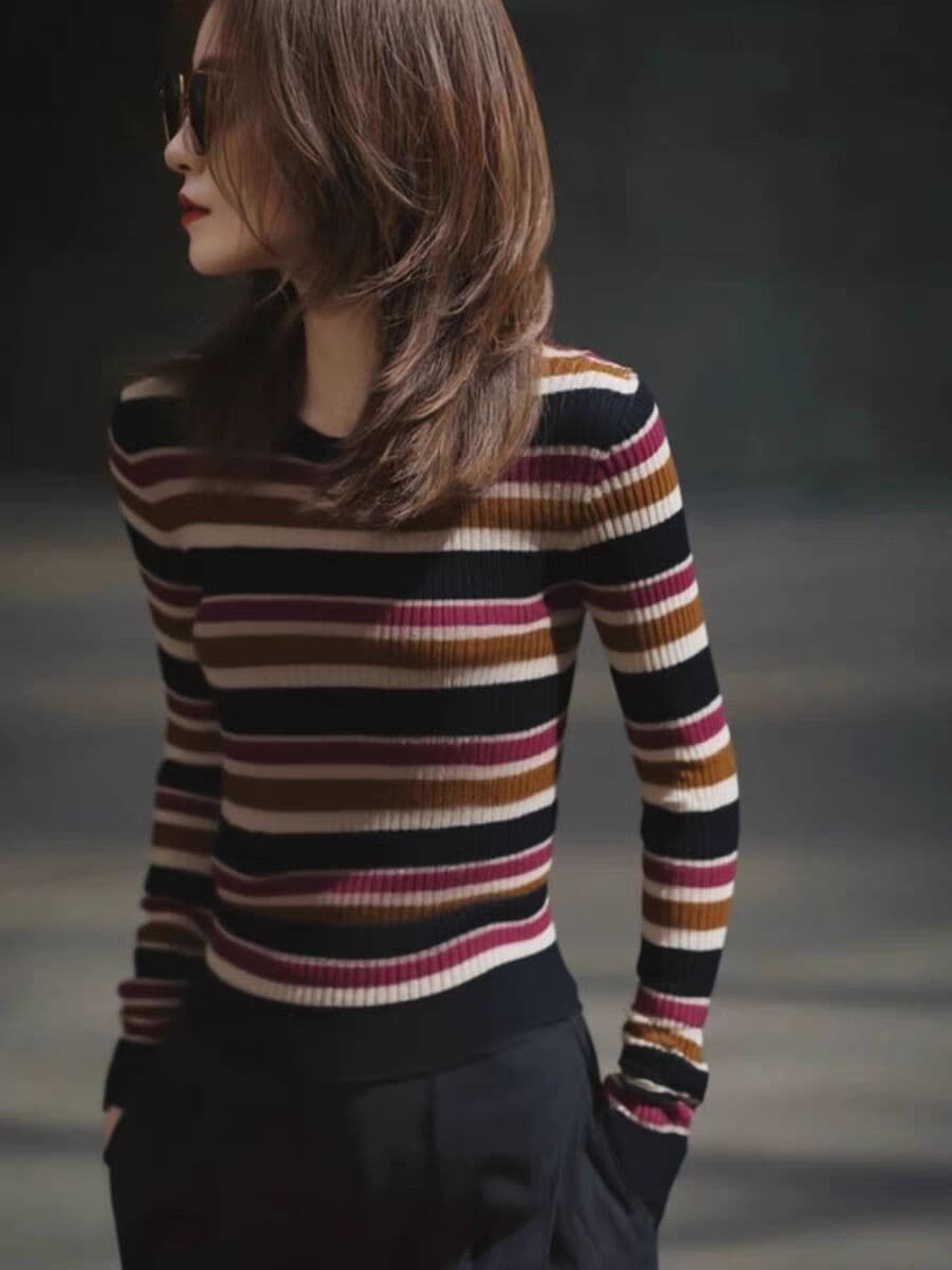 프랑스식 배색 스트라이프 라운드 넥 길다 소매 위버 가을 외국 가스 연령 감소 품격 몸매 가꾸기 슬림해 보이는 기본 셔츠 맨위