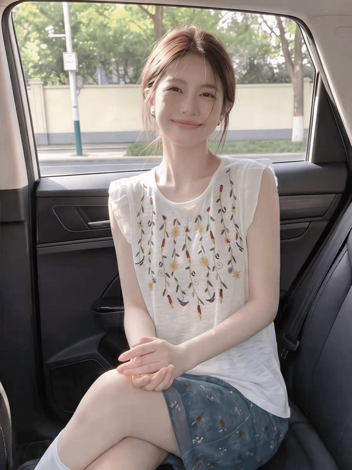달콤함 연령 감소 자수 꽃무늬 Feifei 소매 맨위 여성 여름 얇은 스타일 루즈핏 슬림해 보이는 민소매 오프숄더 얼음 실크 니트 스웨터 이미지 4