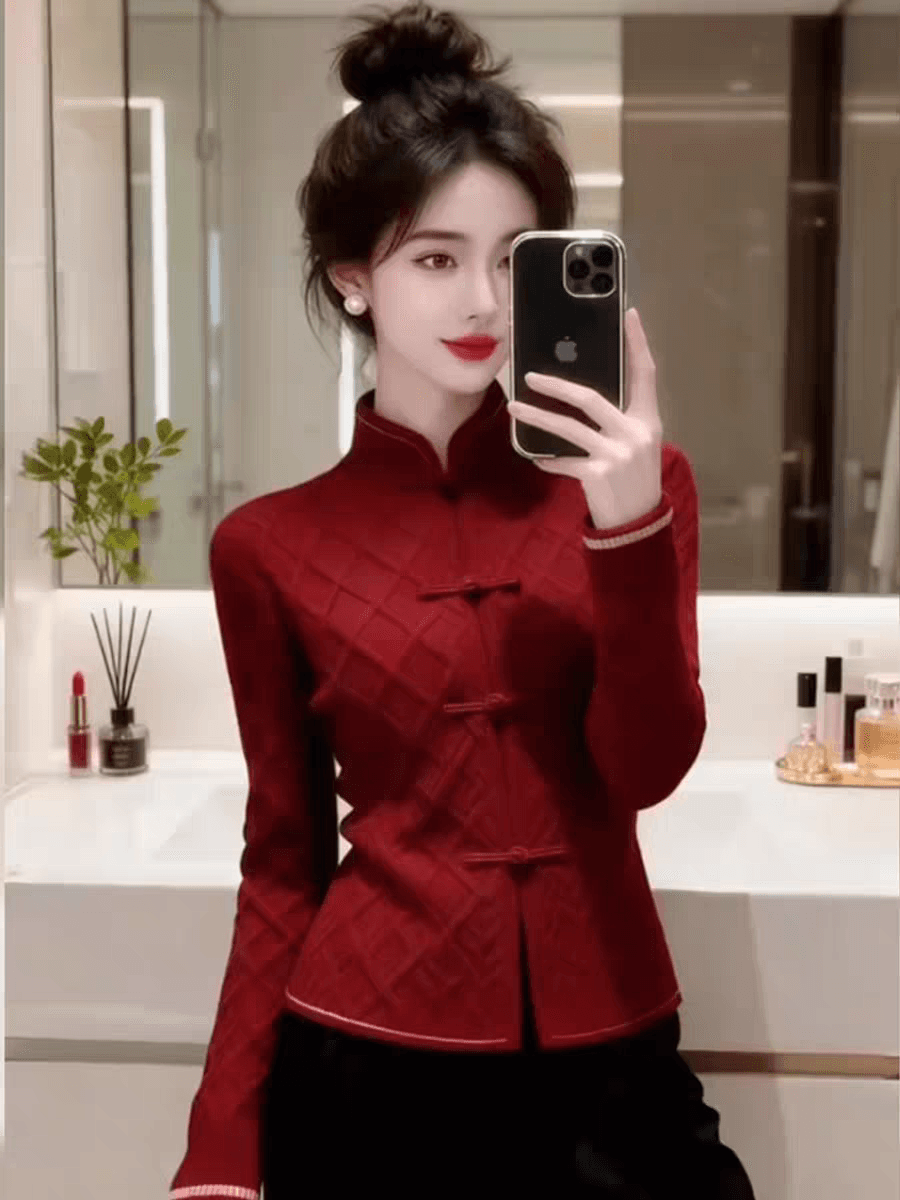 새로운 중식 국풍 스탠드 칼라 단추 빨간색 니트 오픈 가디건 여성 의류 2026 가을 새로운 패션 레트로 짧은 맨위 이미지 2