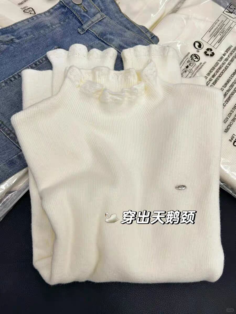 아름다운 반하이넥 레이스 니트 스웨터 여성 봄 가을 겨울 외국 가스 스택 착용 프릴 인사이드 가져 가라. 기본 셔츠 스웨터