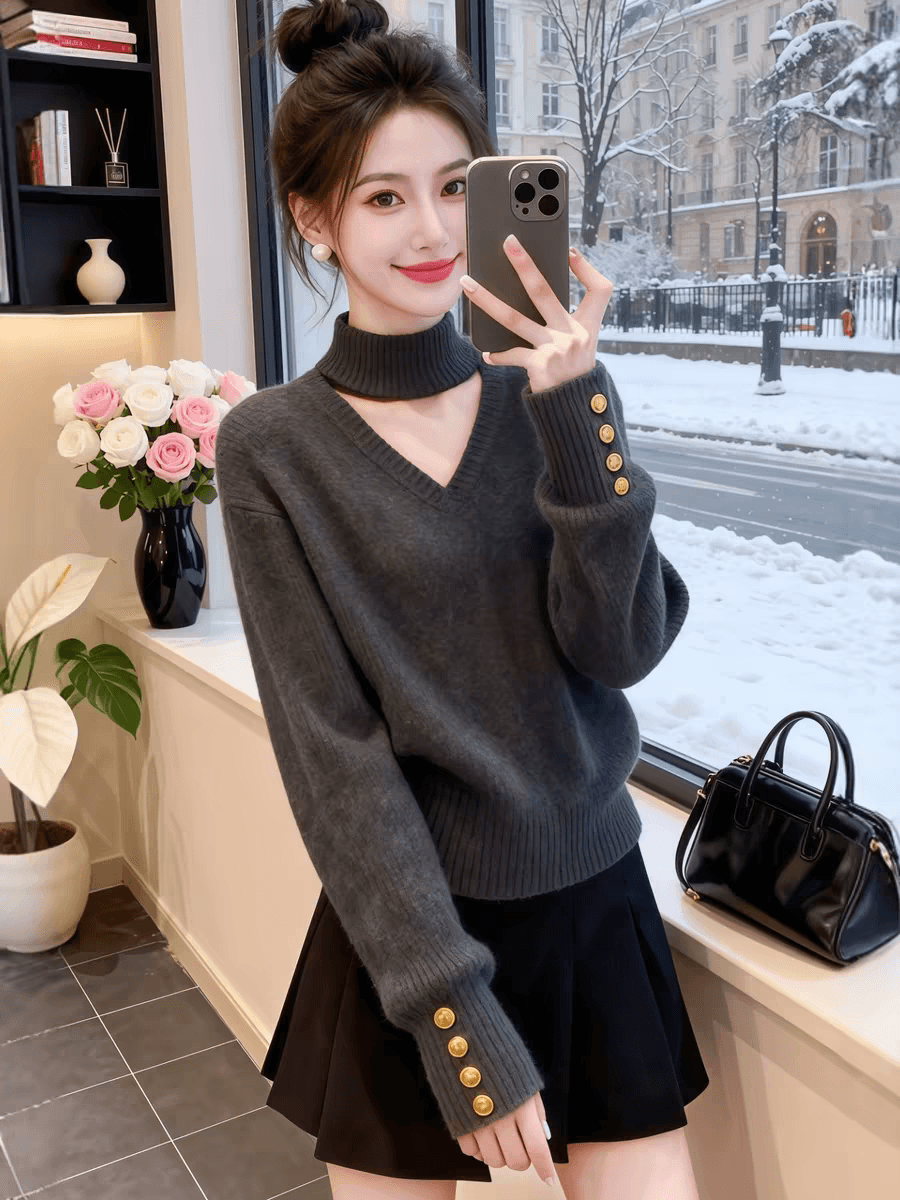 한 부서 착용 가져 가라. 회색 홀로우 아웃 V넥 행침 목 스웨터 여자 가을 겨울철 루즈핏 느긋한 바람 인사이드 가져 가라. 만나는 니트 스웨터 이미지 2