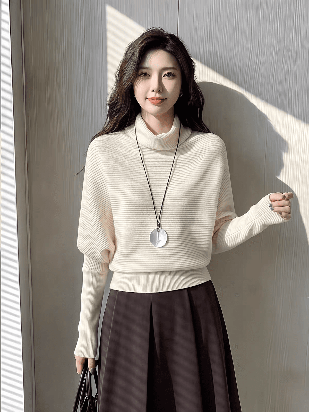 프랑스식 배트윙 소매 말뚝 더미 칼라 스웨터 여자 가을 겨울철 디자인 센스 작은 대중 허리 수축 슬림해 보이는 풀오버 니트 스웨터 맨위 이미지 2