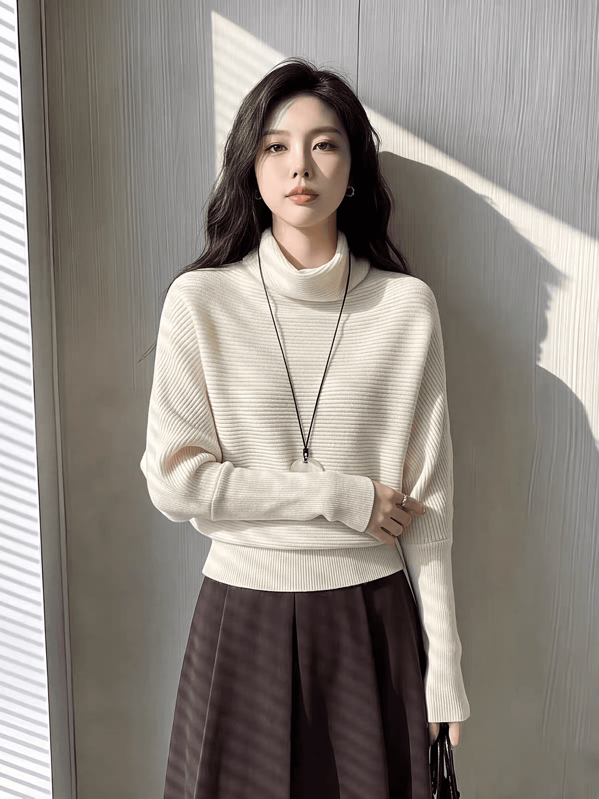 프랑스식 배트윙 소매 말뚝 더미 칼라 스웨터 여자 가을 겨울철 디자인 센스 작은 대중 허리 수축 슬림해 보이는 풀오버 니트 스웨터 맨위 이미지 3