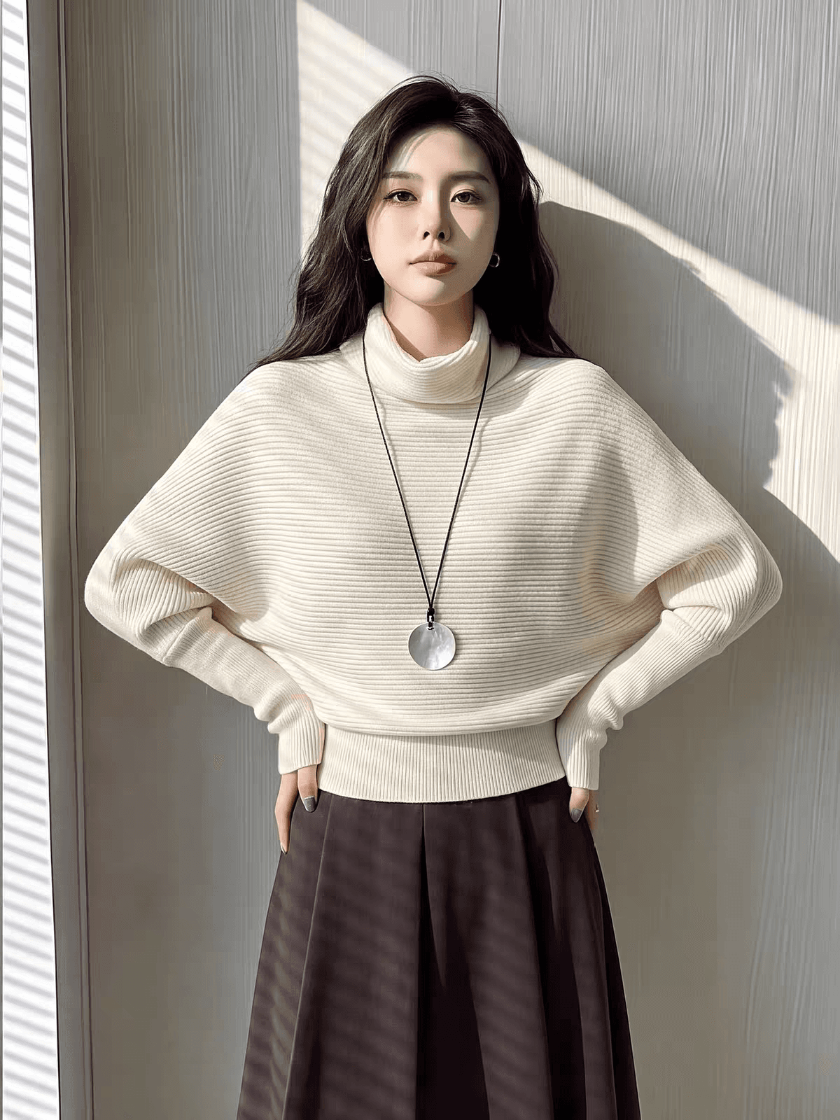 프랑스식 배트윙 소매 말뚝 더미 칼라 스웨터 여자 가을 겨울철 디자인 센스 작은 대중 허리 수축 슬림해 보이는 풀오버 니트 스웨터 맨위 상세 이미지 1