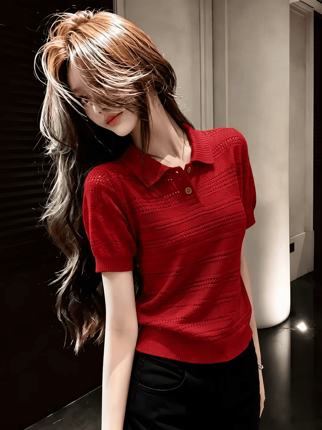2026 여름 고유 한 Chic POLO 칼라 패션 홀로우 아웃 니트 스웨터 얼음 실크 반팔 출퇴근 다용도 슬림해 보이는 맨위 상세 이미지 1