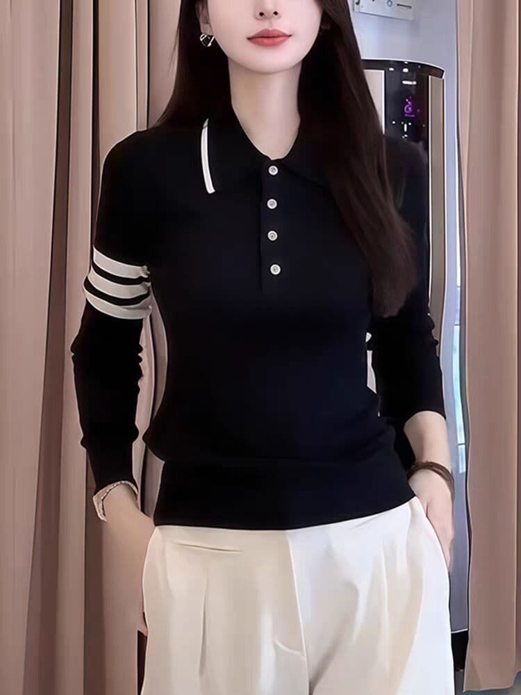 한 부서 배색 스트라이프 POLO 칼라 긴팔 니트 스웨터 여성 2025 봄 가을 새로운 품격 몸매 가꾸기 슬림해 보이는 맨위 트렌디 이미지 3