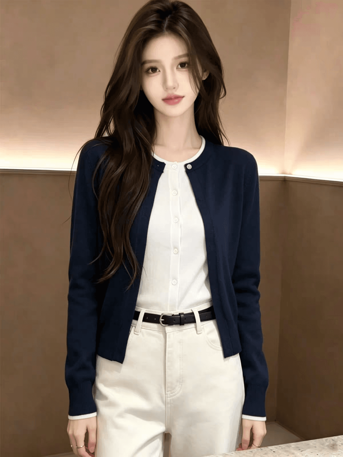 캐주얼 페이크 레이어드 라운드 넥 긴팔 니트 스웨터 여성 2026 새로운 조기 가을 패션 외국 가스 슬림해 보이는 오픈 가디건 맨위 이미지 2