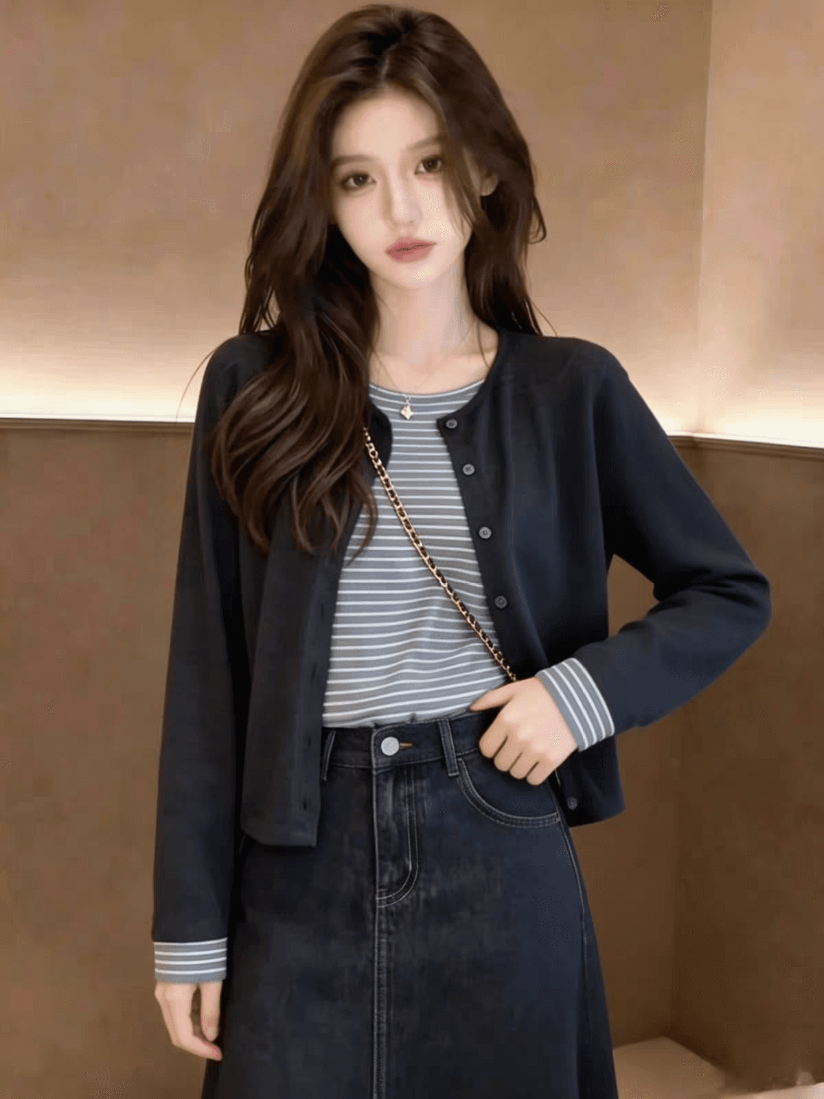 페이크 레이어드 회색 스트라이프 긴팔 니트 스웨터 여성 가을 겨울 새로운 한 부서 디자인 센스 품격 연령 감소 맨위 이미지 2