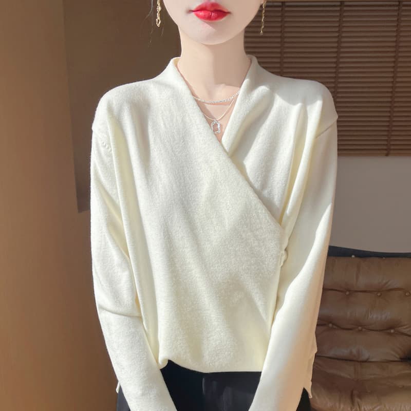 실사 가을 겨울 새로운 십자가 칼라 품격 단추 풀오버 긴팔 니트 양모 스웨터 만나는 상세 이미지 2