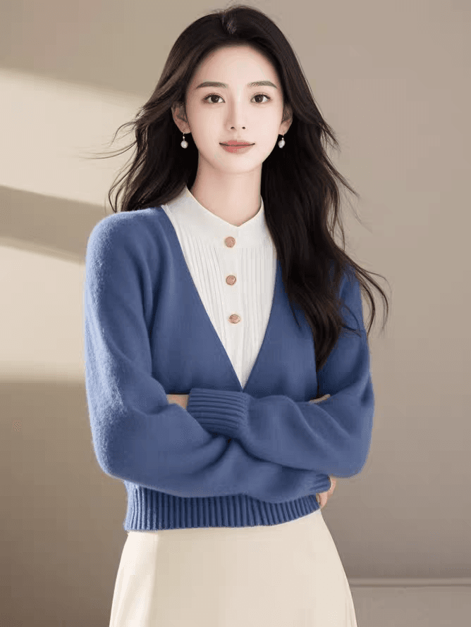 슈퍼 잘 생긴 파란색 라운드 넥 레이스업 허리 수축 맨위 2026 가을 새로운 외국 가스 연령 감소 부드러운 찹쌀 긴팔 니트 스웨터 상세 이미지 1