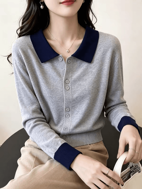 고유 한 패션 배색 POLO 칼라 긴팔 니트 스웨터 여성 가을 새로운 빛 럭셔리 작은 대중 슬림해 보이는 품격 맨위 여성 상세 이미지 1