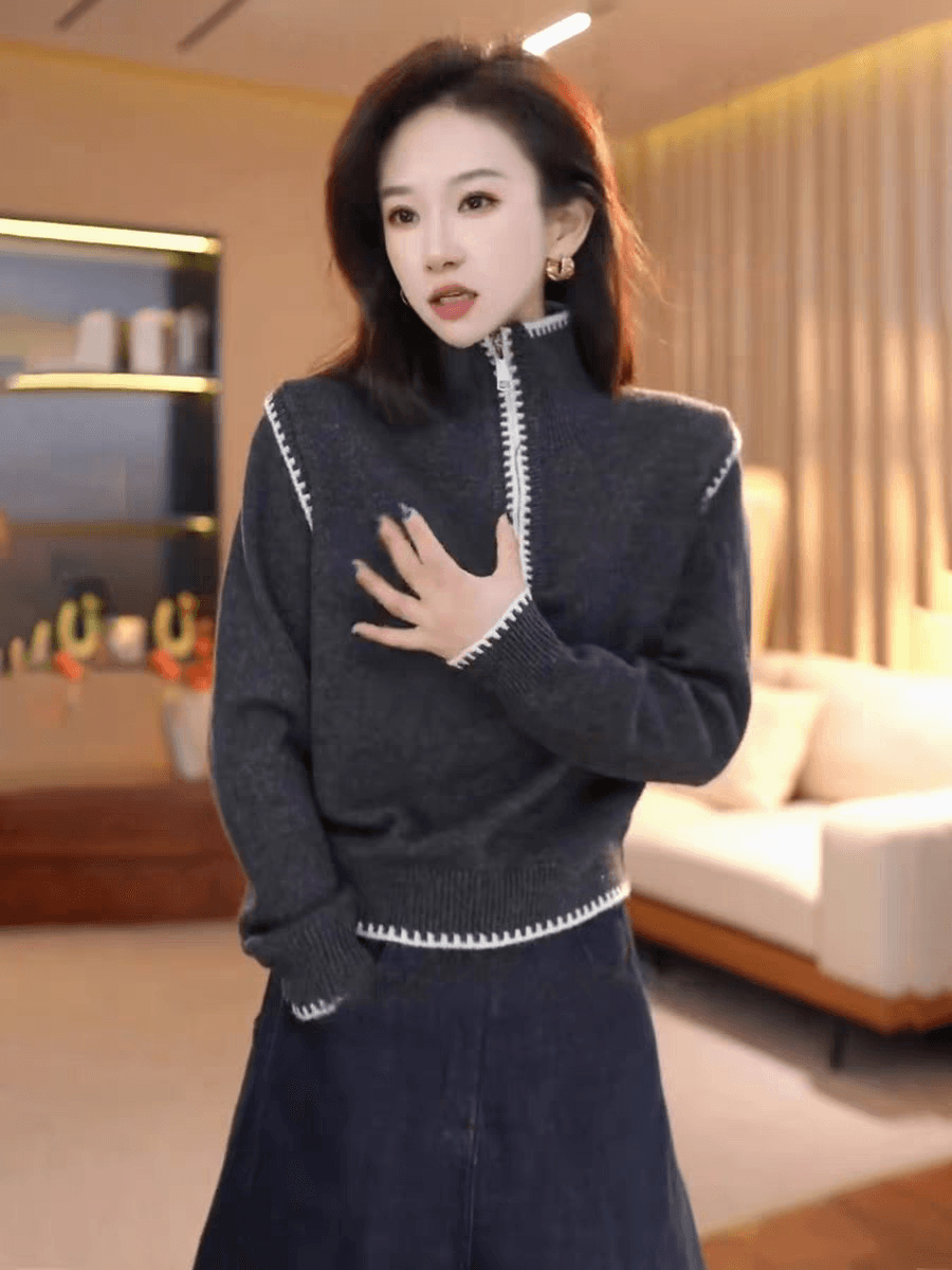 빨간색 하프 지퍼 두꺼운 스탠드 칼라 스웨터 여자 2026 새로운 가을 겨울철 수 있습니다. 외출용 인사이드 가져 가라. 니트 스웨터 맨위 상세 이미지 4
