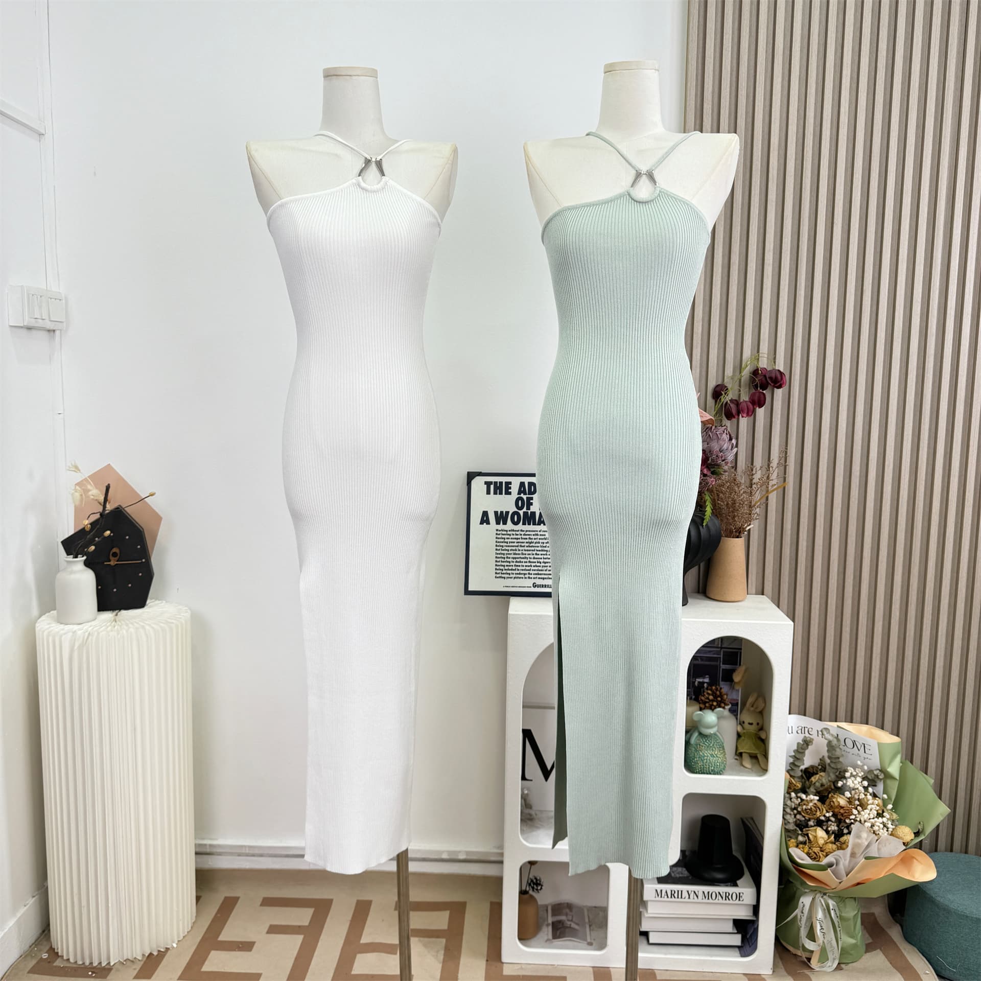for fay 순수한 욕망 행침 목 니트 여성 드레스 섹시함 몸매 가꾸기 신축성 타이트 스커트 트임 롱 스커트 이미지 6