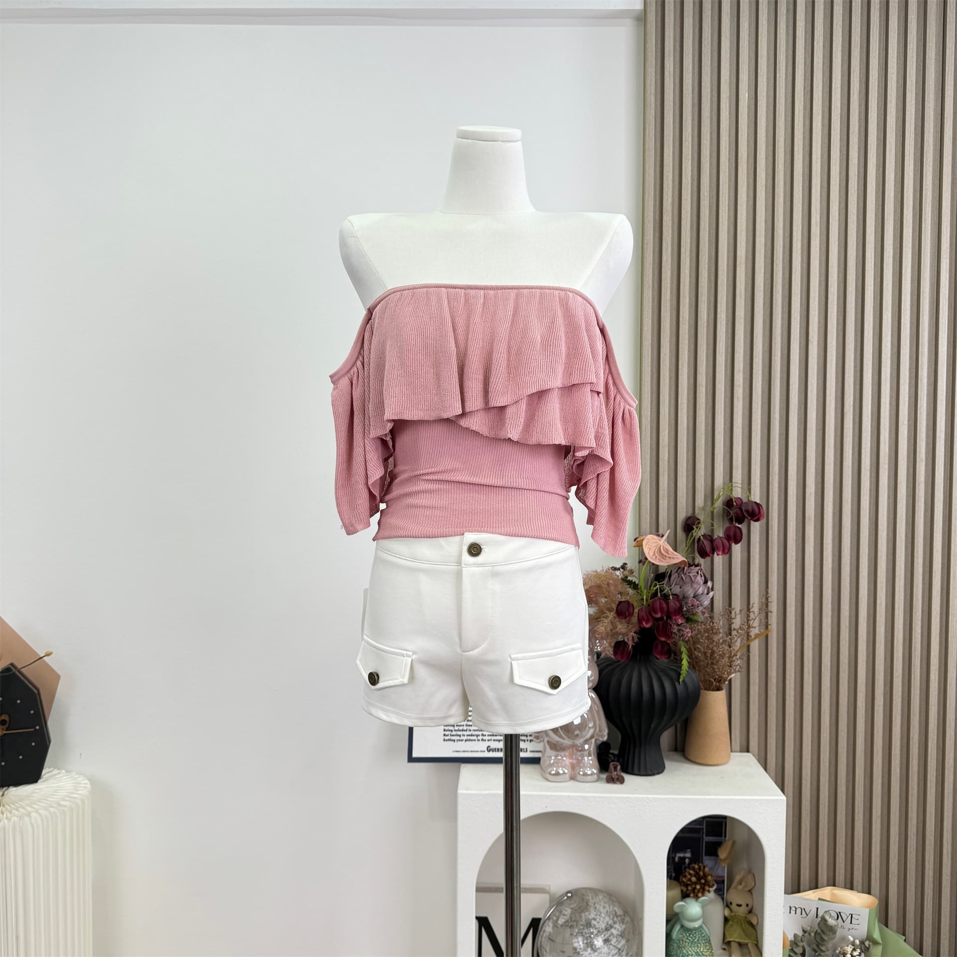 fart shop 하프 설탕 소녀 핑크색 프릴 오프숄더 털 짠 셔츠 여성 봄 여름 몸매 가꾸기 맨위 이미지 6