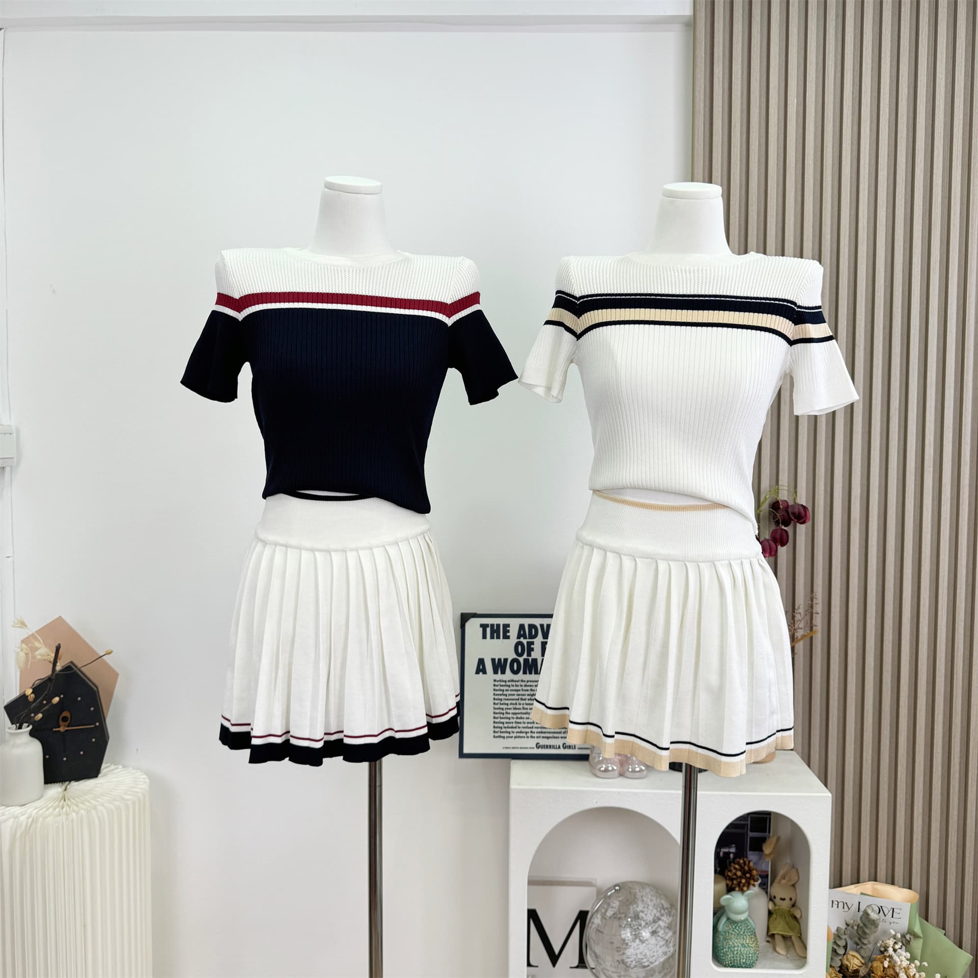 okmashop 테니스 클럽 학원 스타일 세트 여성 여름 반팔 니트 맨위 플리츠 스커트 투피스 세트 이미지 2