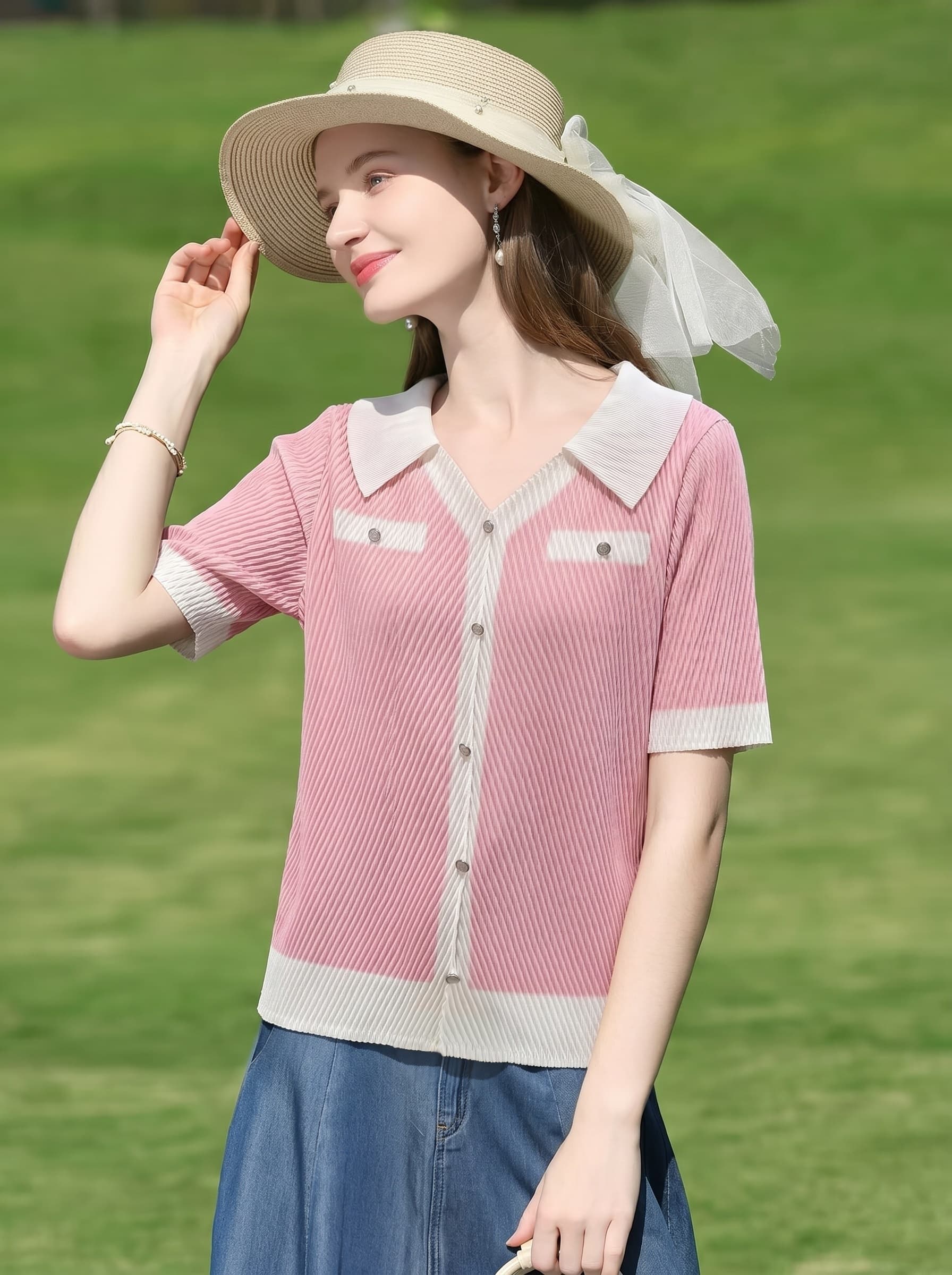 여성 의류 여름 새로운 주름 반팔 티셔츠 여성 폴로 칼라 미니멀리즘 작은 셔츠 긍정적 인 어깨 동정 맨위 상세 이미지 5