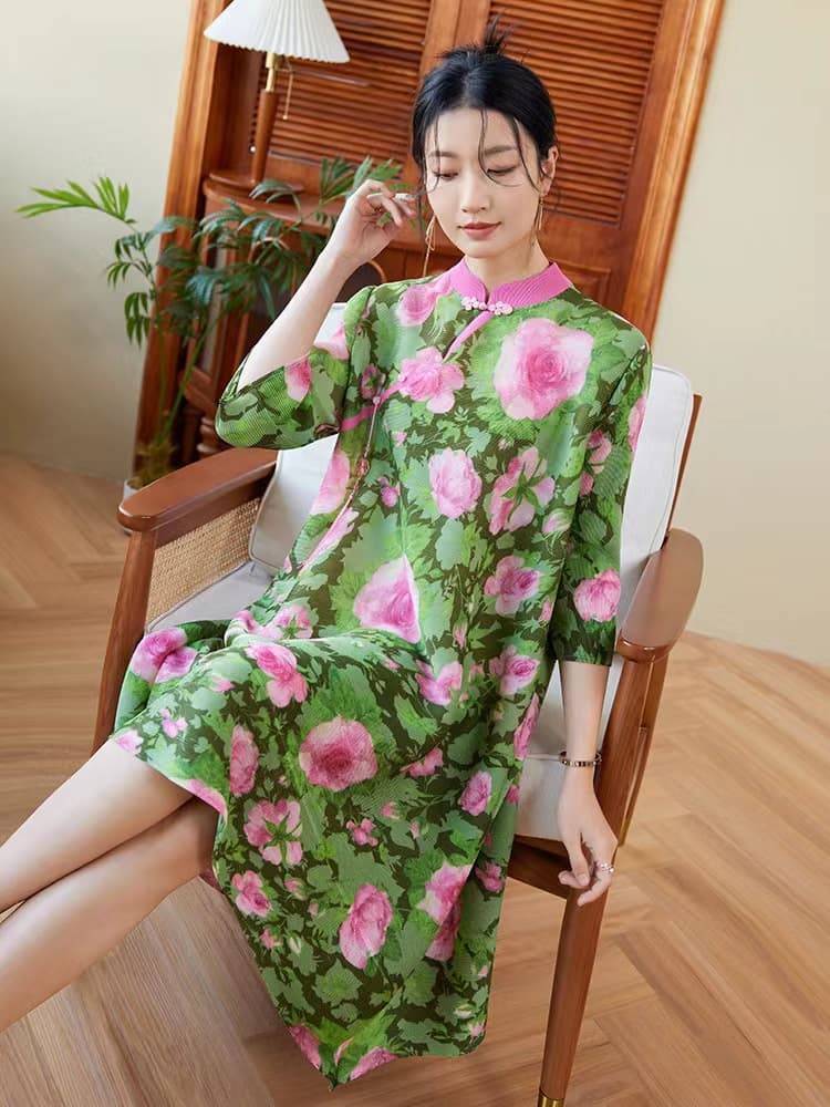 새로운 중식 국풍 개선 치파오 주름 드레스 2026 이른 가을 새로운 패션 루즈핏 슬림해 보이는 중간 길이 치마 상세 이미지 1
