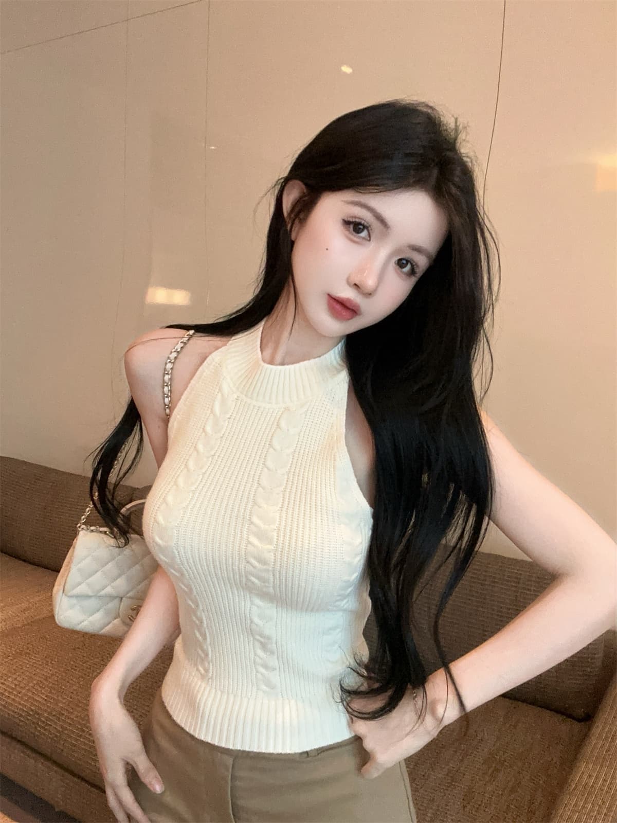 실사 정가 이른 가을 새로운 프랑스식 레트로 니트 행침 목 캐미솔 오프숄더 디자인 센스 맨위 상세 이미지 3