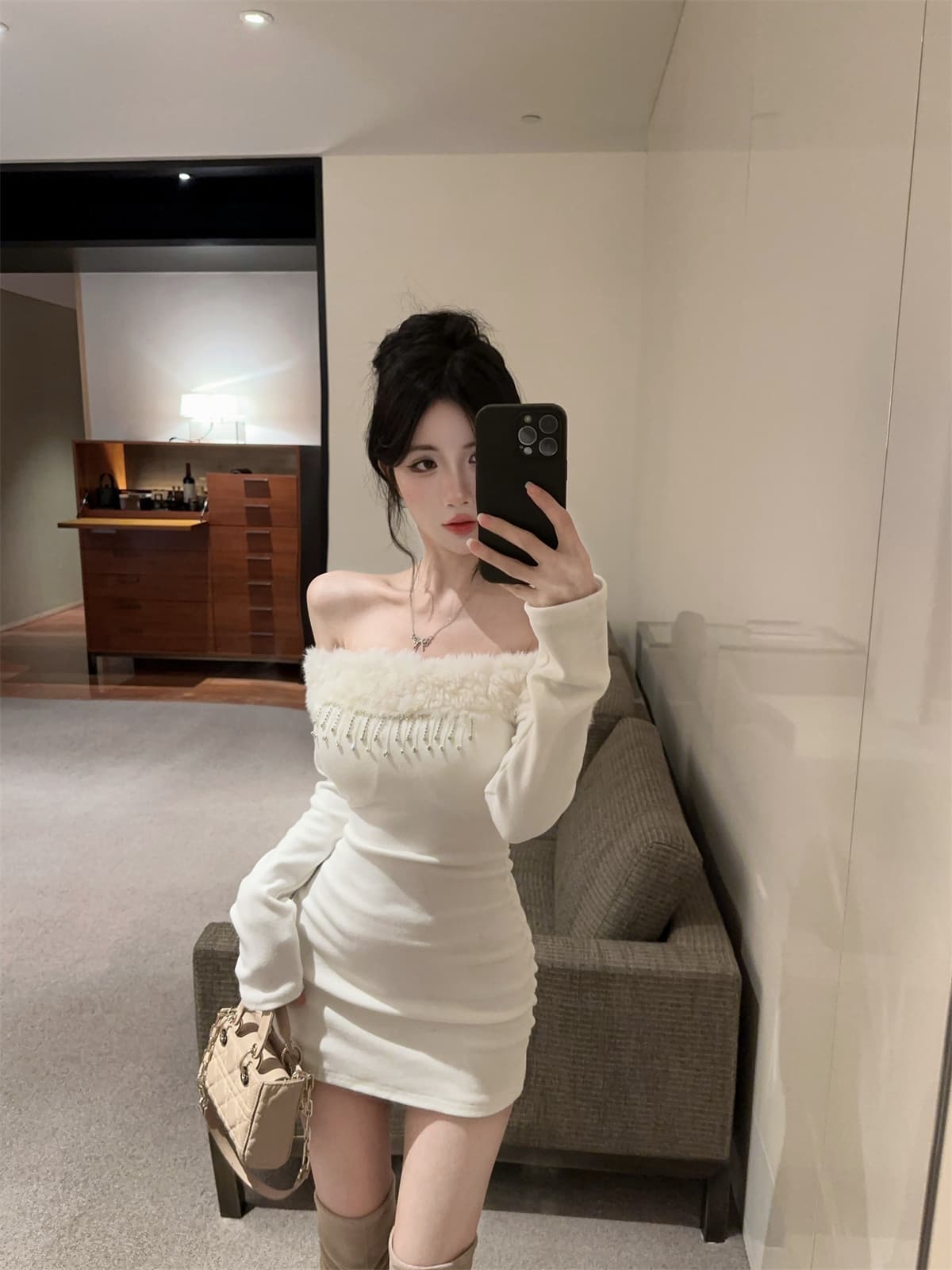 실사 정가 순수한 욕망 프랑스식 크리스마스 로브 털 모피 칼라 타이트 스커트 섹시함 예복 오프숄더 드레스 상세 이미지 8
