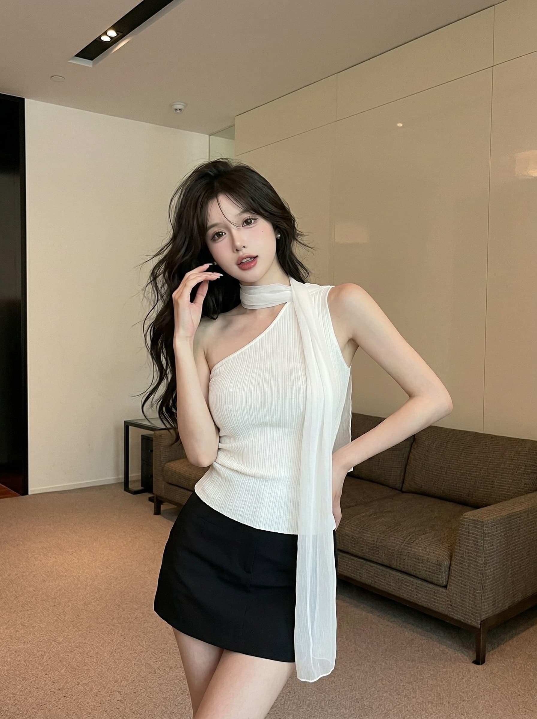 실사 정가 여름 새로운 디자인 센스 망사 리본 행침 목 몸매 가꾸기 슬림해 보이는 비스듬한 어깨 니트 조끼 상세 이미지 9