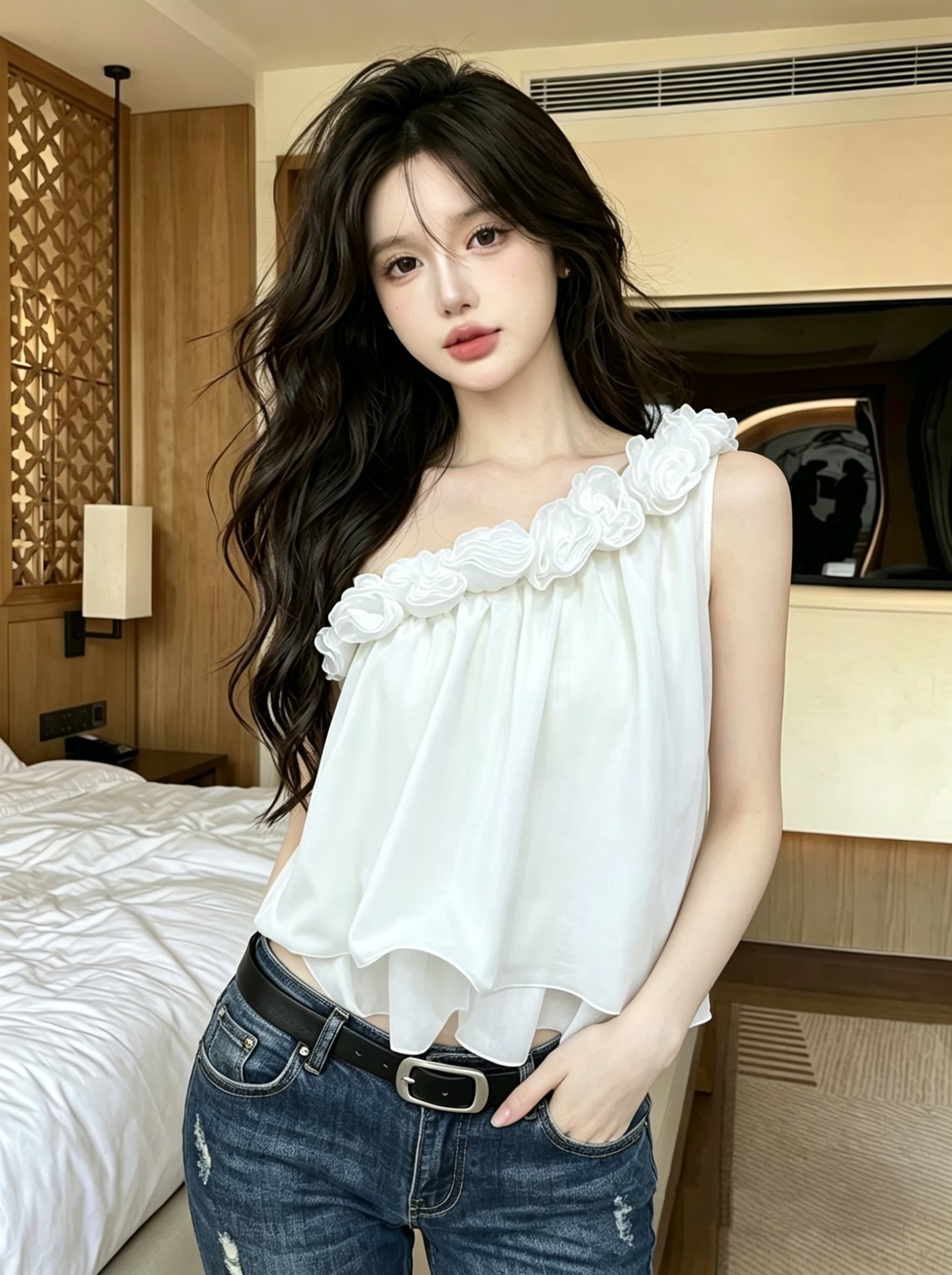 실사 정가 1 순수한 욕망 바람 3 차원 장미 행침 목 맨위 디자인 센스 작은 대중 루즈핏 슬림해 보이는 쉬폰 조끼 상세 이미지 7
