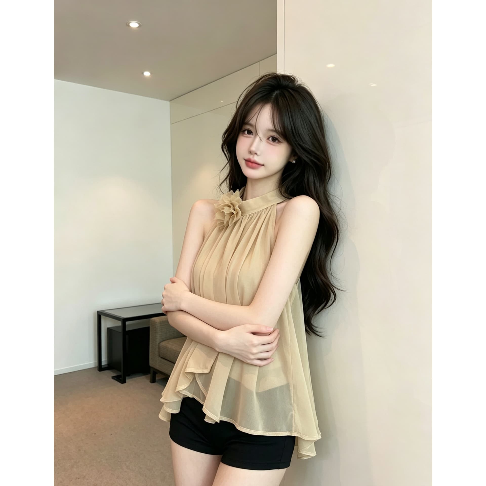 실사 정가 순수한 욕망 바람 꽃 행침 목 시폰 셔츠 여성 여름 오프숄더 민소매 맨위 표지 고기 슬림해 보이는 품격 작은 셔츠 이미지 5