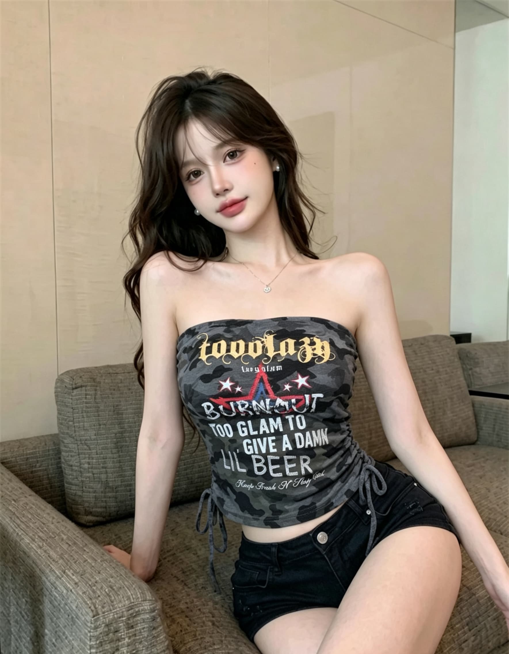 실사 정가 아메리칸 레트로 카모플라주 튜브탑 핫걸 순수한 욕망 바람 어깨끈 없음 펌프 로프 허리 수축 외출용 쇼트 스타일 맨위 상세 이미지 1