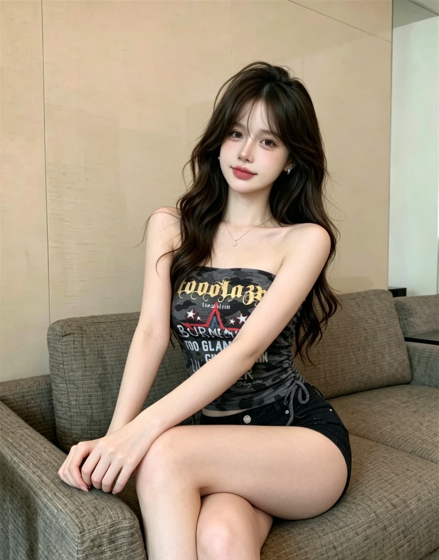 실사 정가 아메리칸 레트로 카모플라주 튜브탑 핫걸 순수한 욕망 바람 어깨끈 없음 펌프 로프 허리 수축 외출용 쇼트 스타일 맨위 상세 이미지 5