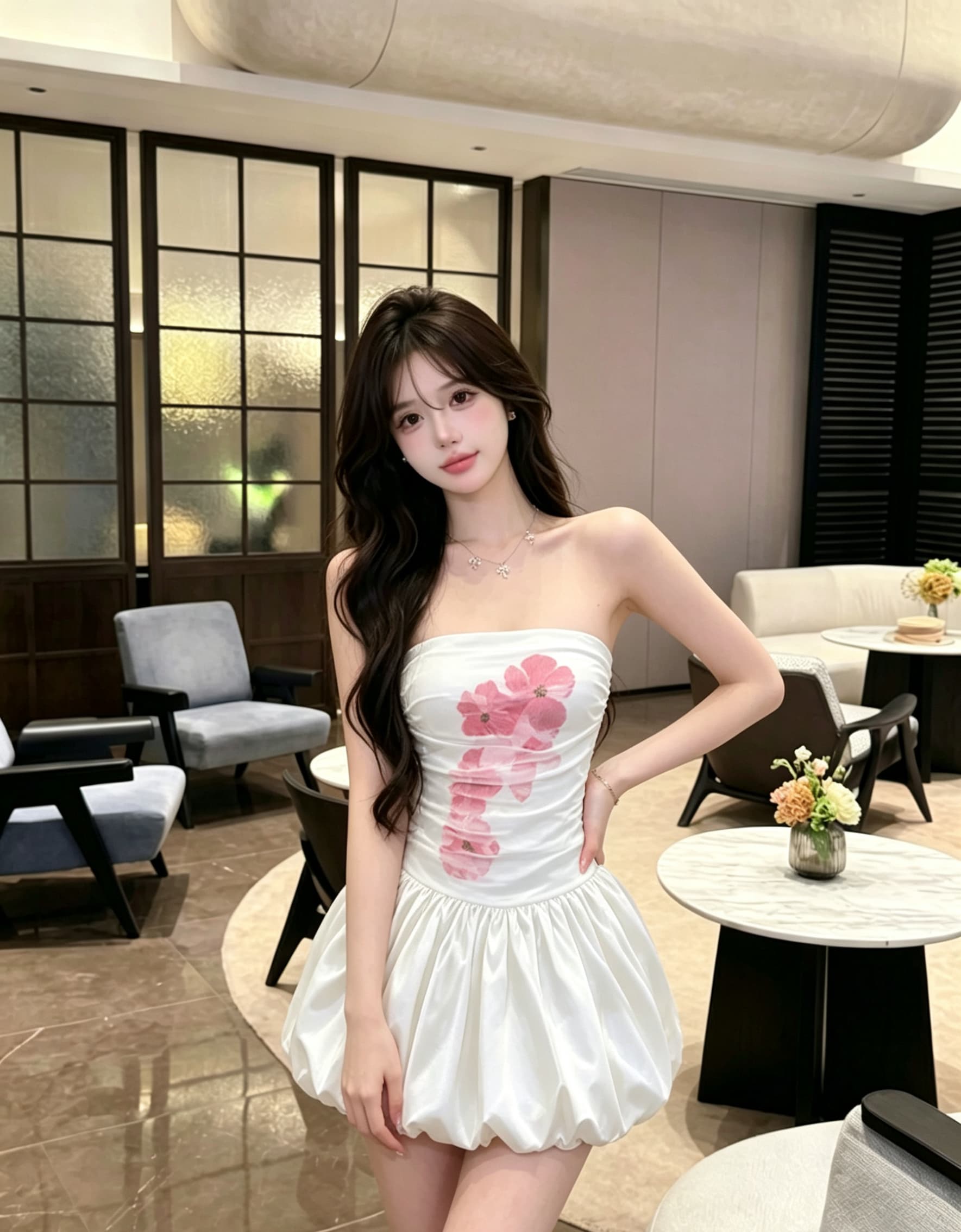 실사 정가 프랑스식 튜브탑 꽃 퍼프 스커트 작은 대중 허리 수축 슬림해 보이는 꽃밭 미니 스커트 순수한 욕망 품격 드레스 상세 이미지 5