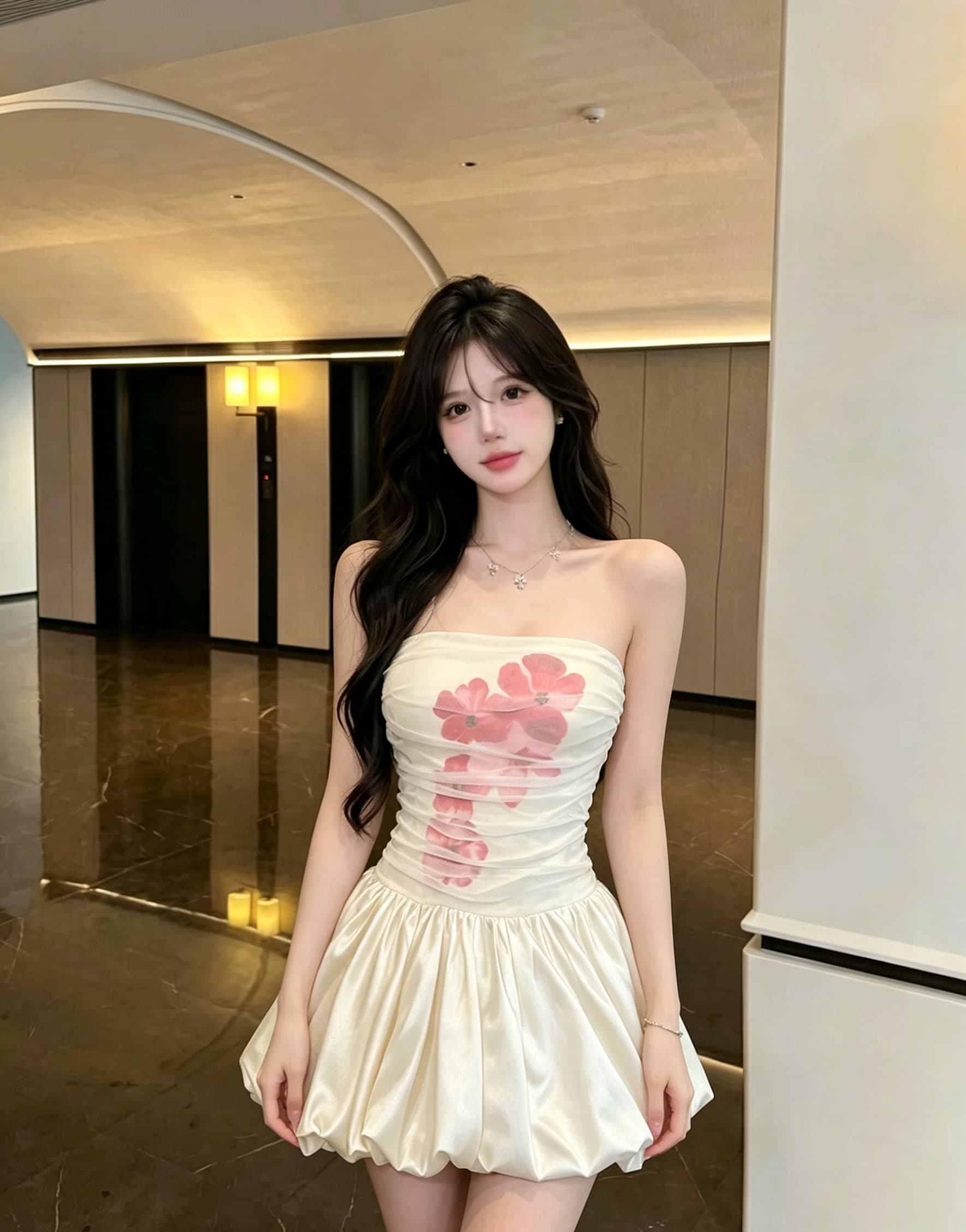 실사 정가 프랑스식 튜브탑 꽃 퍼프 스커트 작은 대중 허리 수축 슬림해 보이는 꽃밭 미니 스커트 순수한 욕망 품격 드레스 상세 이미지 8