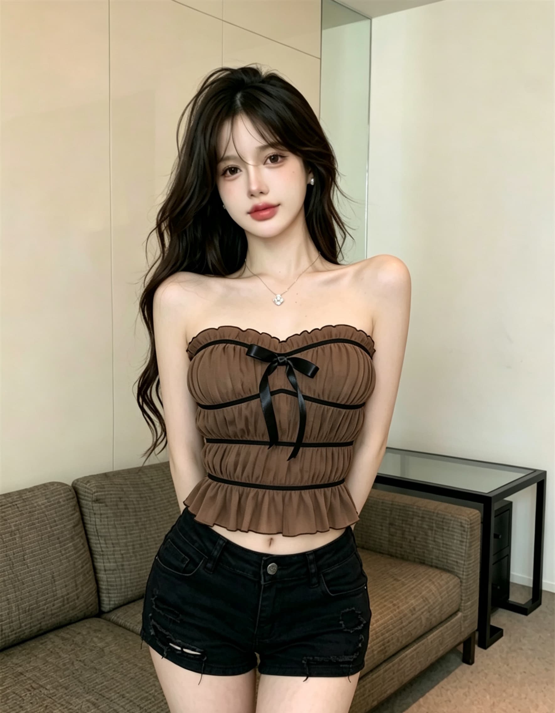 실사 정가 프랑스식 부드러운 튜브탑 맨위 주름 프릴 나비 매듭 슬림해 보이는 품격 달콤함 쇼트 스타일 조끼 상세 이미지 10