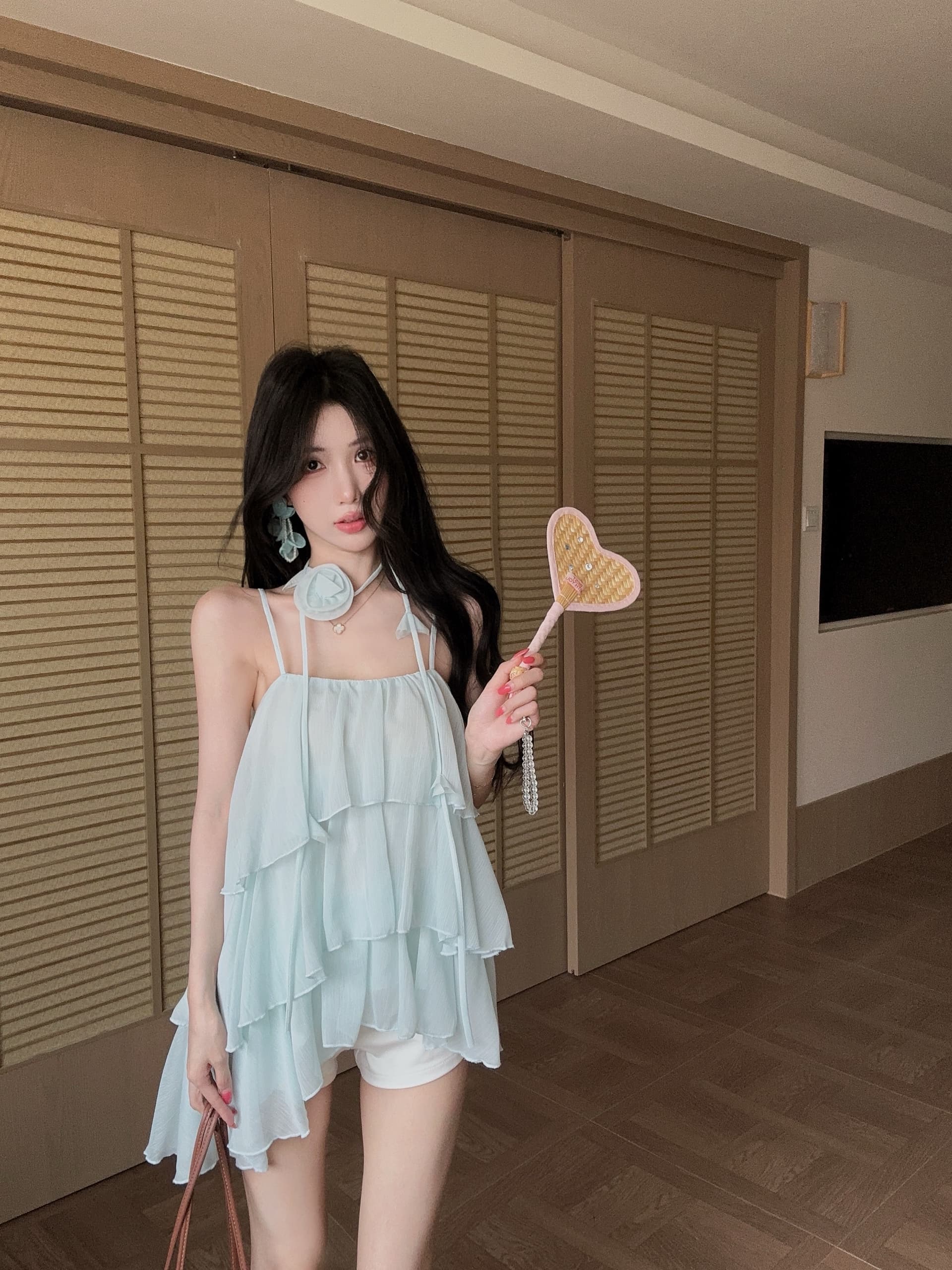 실사 정가 작은 대중 디자인 센스 3 차원 장미 쉬폰 슬립 순수한 욕망 바람 케이크 진자 휴가 민소매 맨위 상세 이미지 2