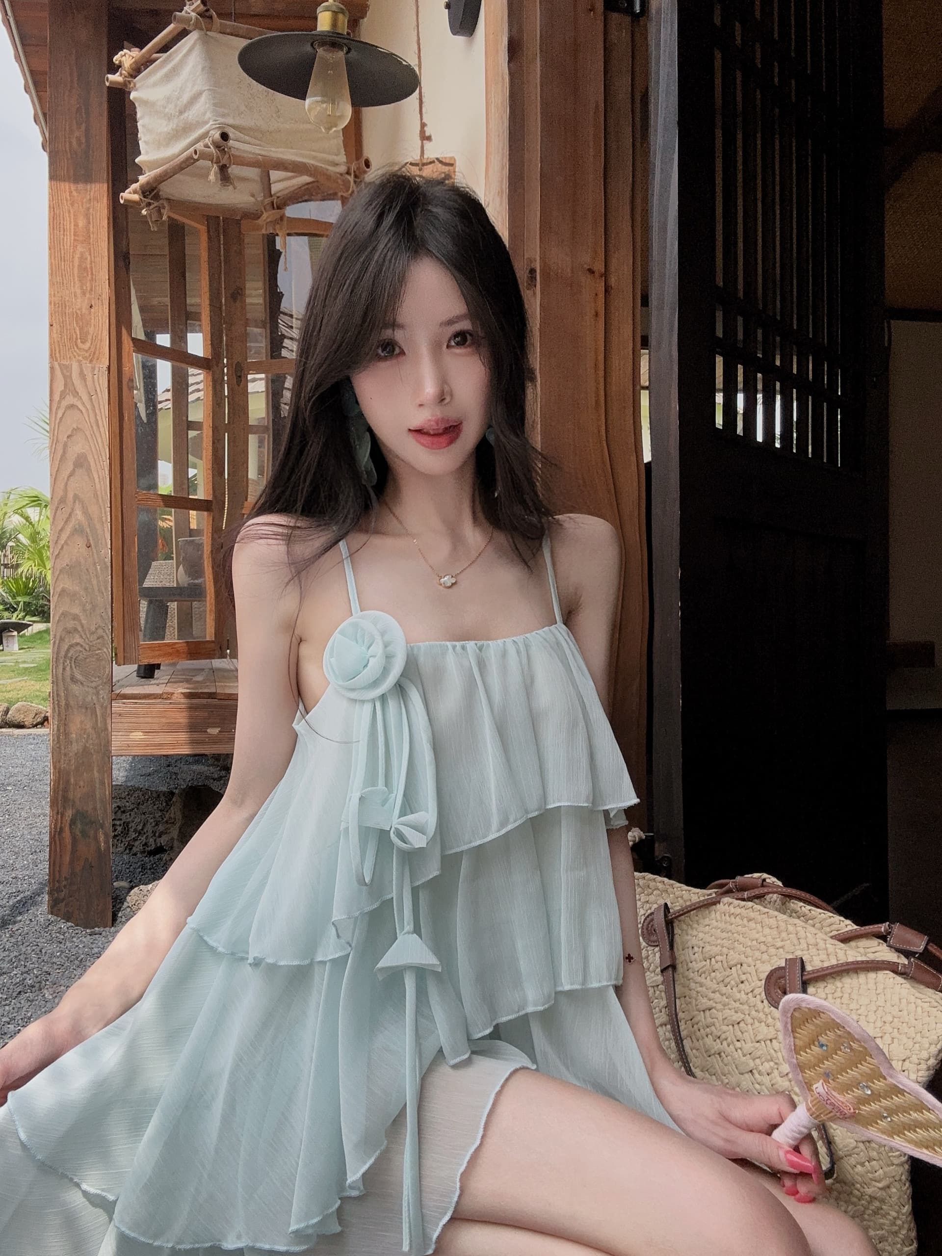 실사 정가 작은 대중 디자인 센스 3 차원 장미 쉬폰 슬립 순수한 욕망 바람 케이크 진자 휴가 민소매 맨위 상세 이미지 4