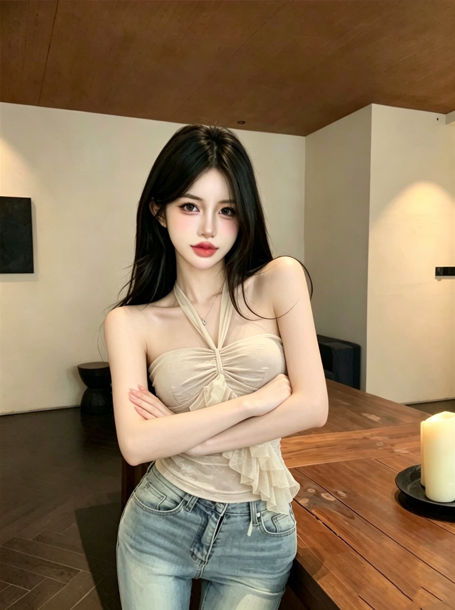 실사 정가 순수한 욕망 바람 행침 목 슬립 여성 프랑스식 프릴 허리 수축 슬림해 보이는 디자인 센스 닦아내 라. 가슴 안쪽 잡아라. 의류 이미지 4