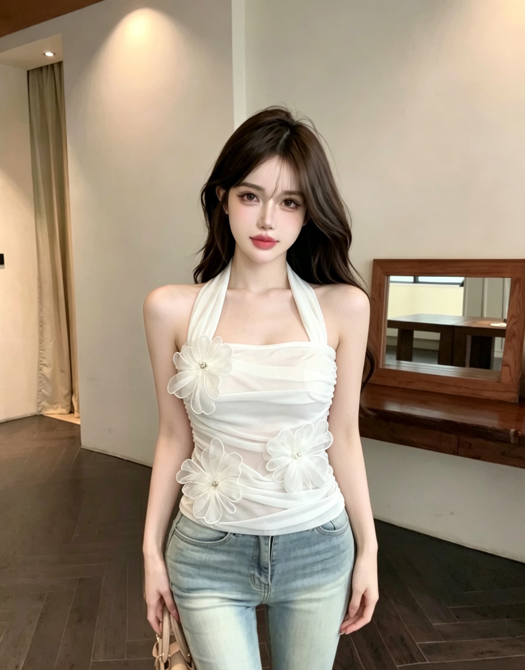 실사 정가 순수한 욕망 바람 3 차원 꽃 행침 목 슬립 여성 여름 섹시함 망사 주름 튜브탑 민소매 맨위 이미지 4