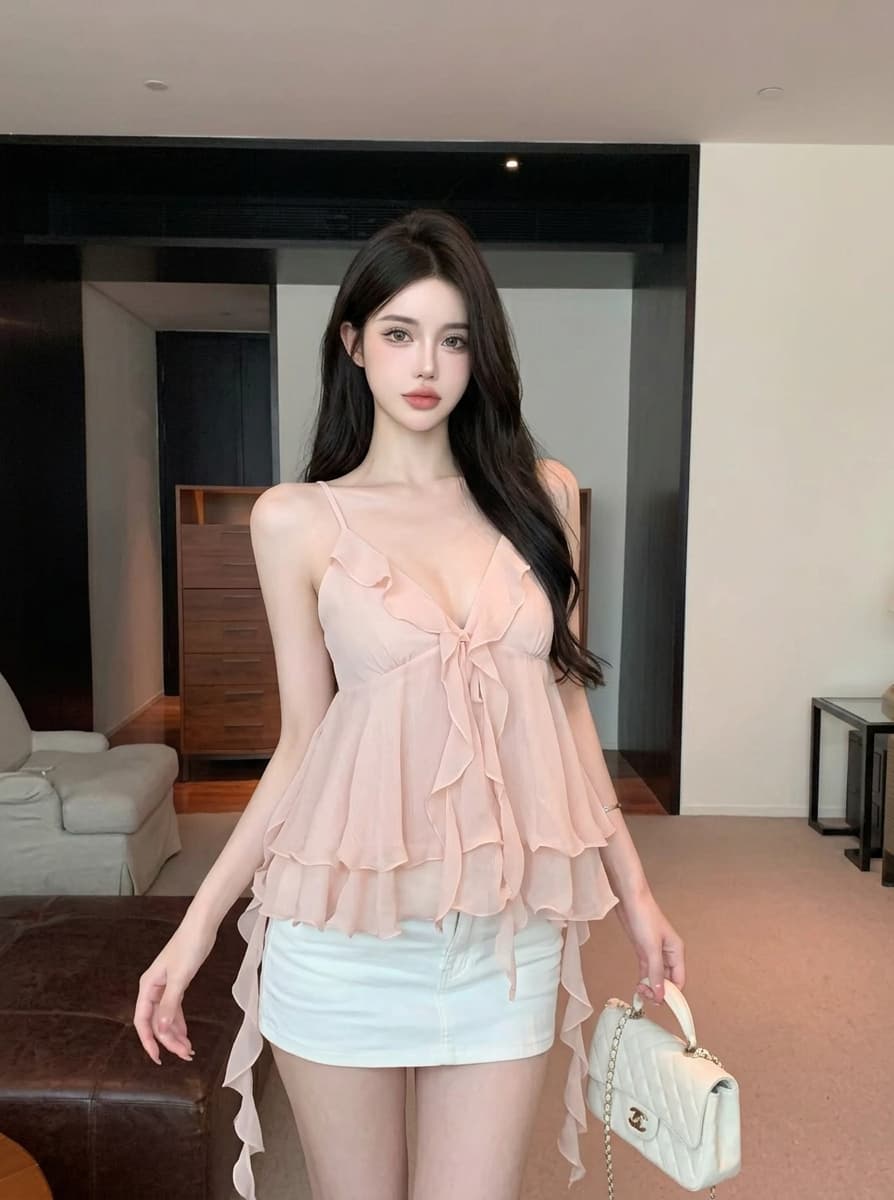 실사 정가 순수한 욕망 분위기 센스 V넥 프릴 행침 목 캐미솔 우아한 쉬폰 리본 오프숄더 맨위