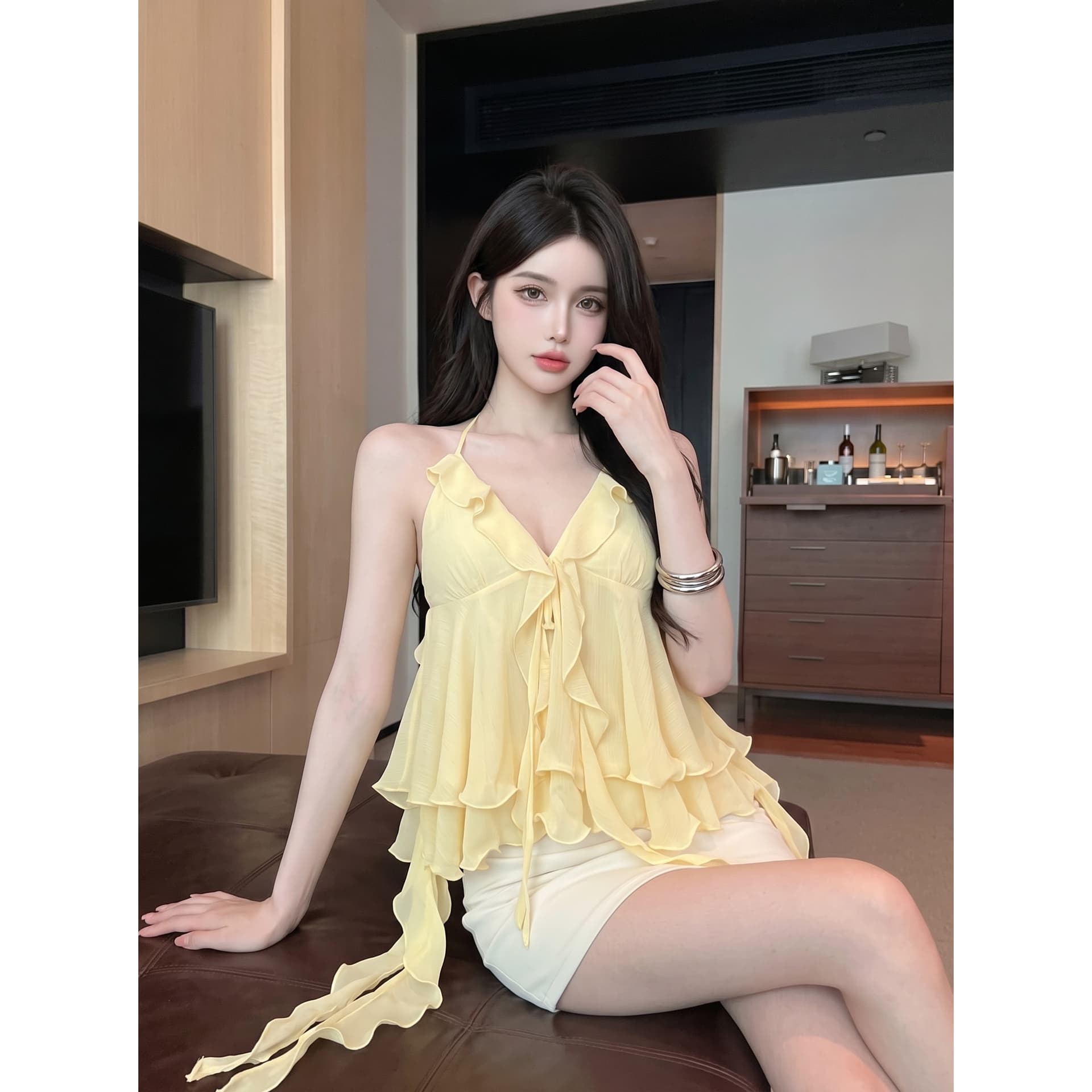실사 정가 순수한 욕망 분위기 센스 V넥 프릴 행침 목 캐미솔 우아한 쉬폰 리본 오프숄더 맨위 이미지 5