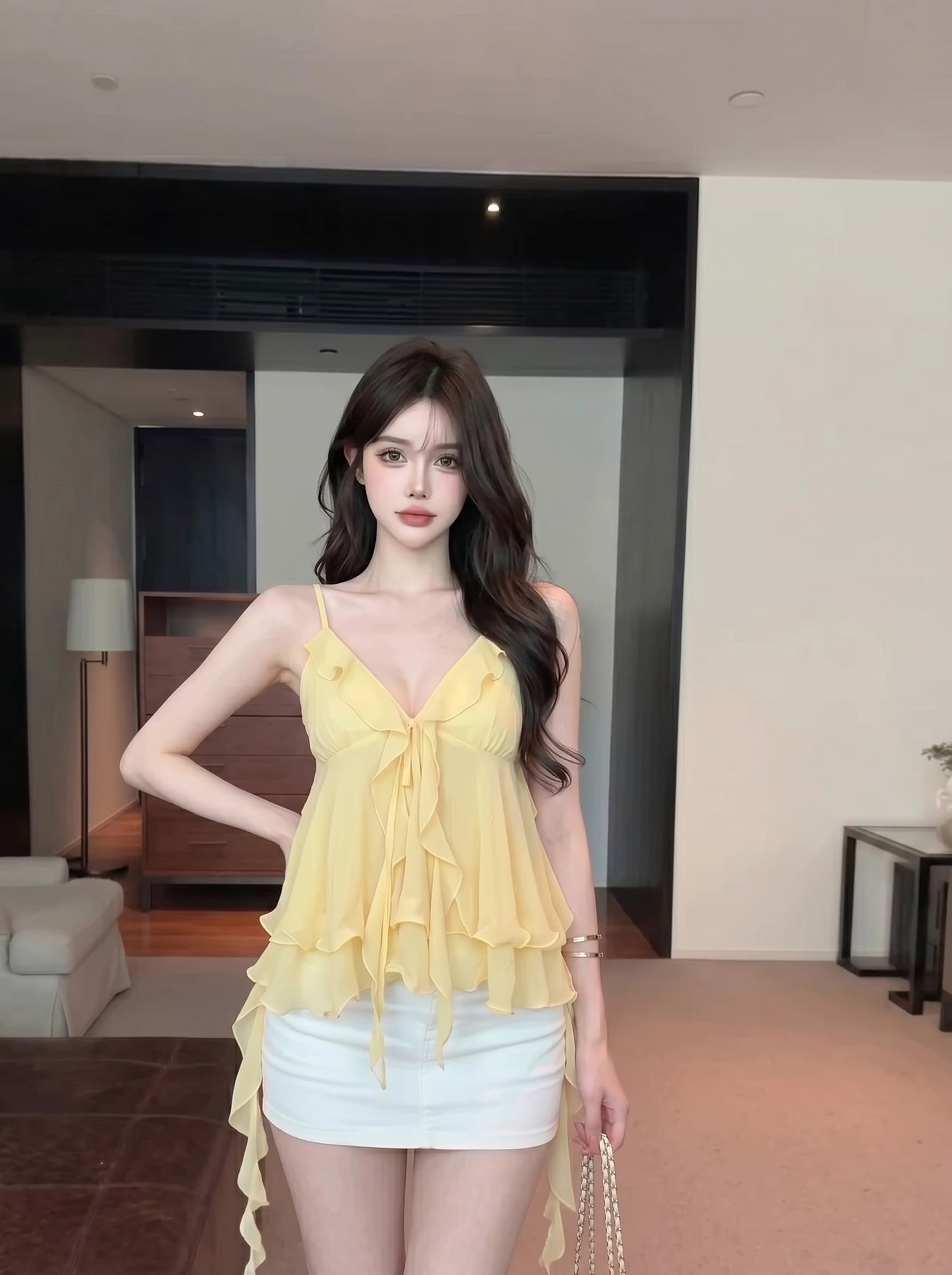 실사 정가 순수한 욕망 분위기 센스 V넥 프릴 행침 목 캐미솔 우아한 쉬폰 리본 오프숄더 맨위 상세 이미지 4