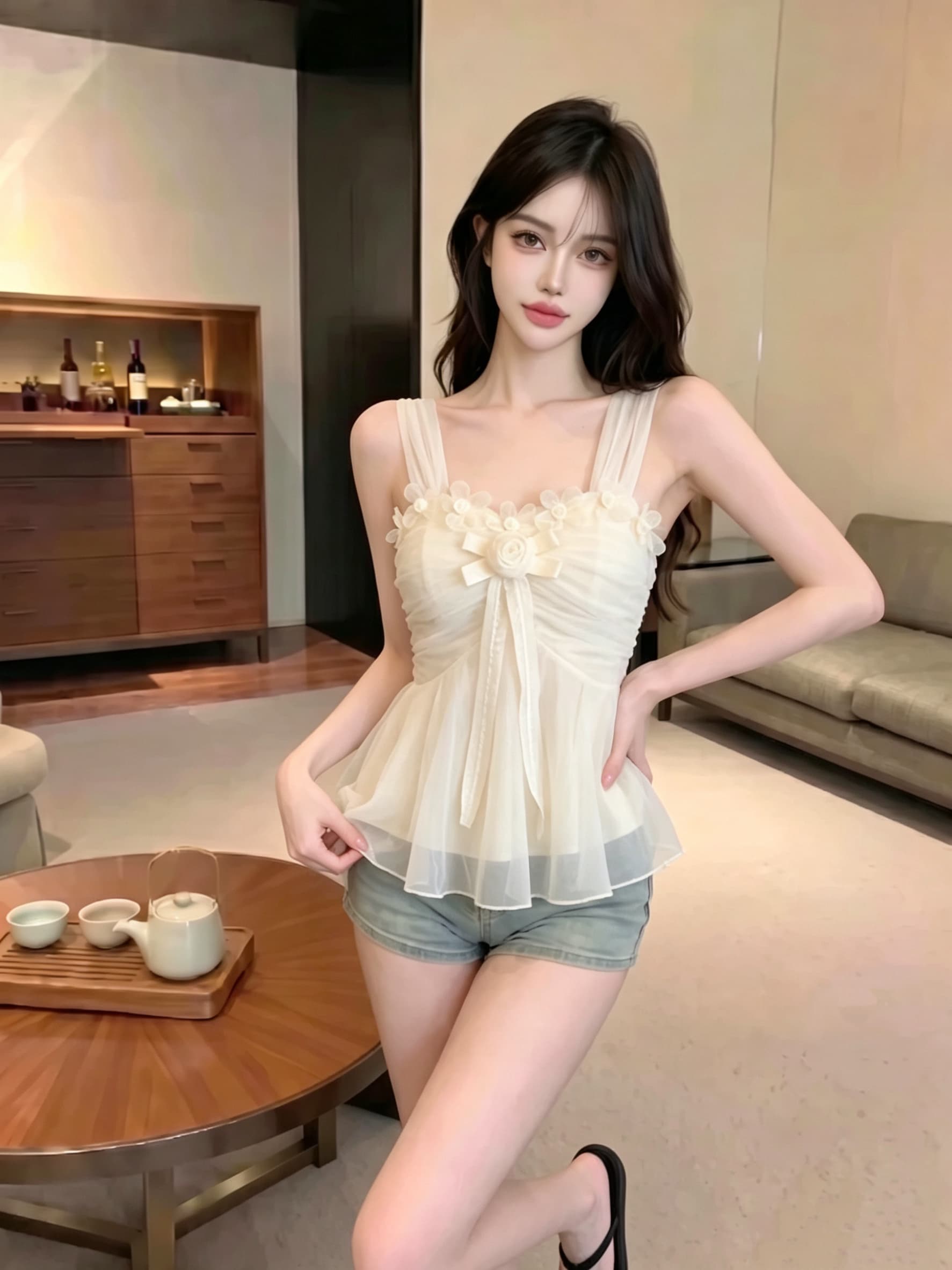 실사 정가 달콤한 매운맛 바람 3 차원 작은 꽃 주름 슬립 하이웨이스트 허리 수축 망사 펀 진자 순수한 욕망 분위기 센스 맨위 상세 이미지 3