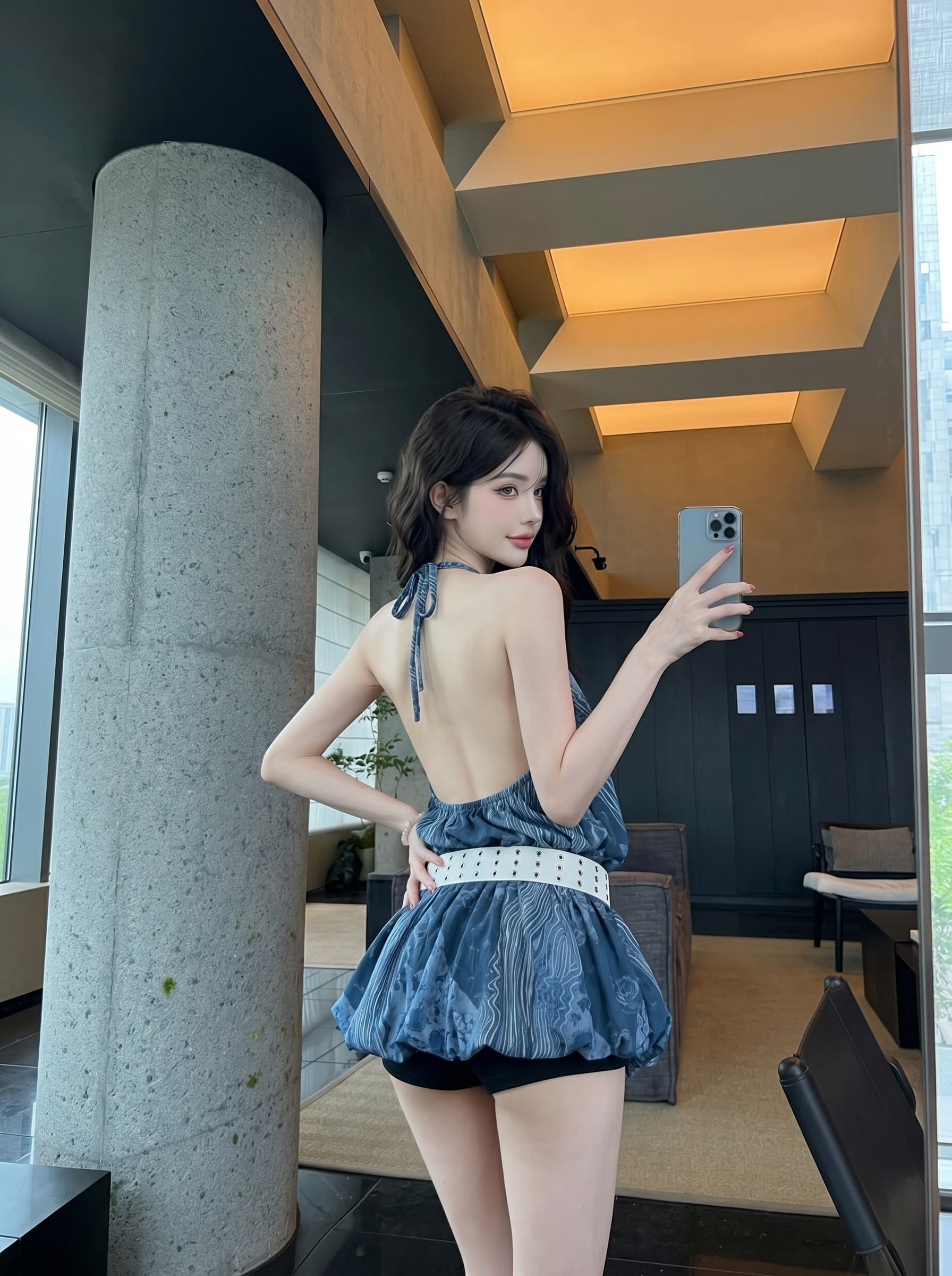 실사 정가 해변가 휴가 수묵화 행침 목 슬립 백리스 녹아웃 디자인 센스 벨트 허리 쉬폰 톱 상세 이미지 4